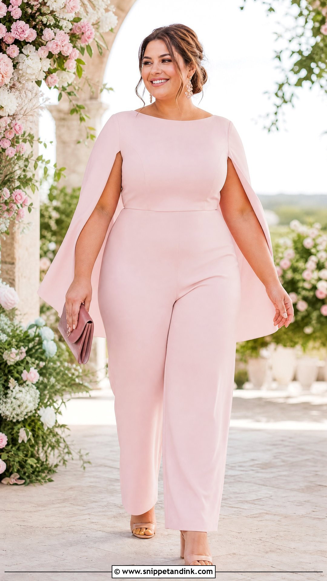 Blush Pink Cape Sleeve Plus Size Wedding Jumpsuit - Snippet and Ink - 20 Plus Size Jumpsuit Wedding Ideas