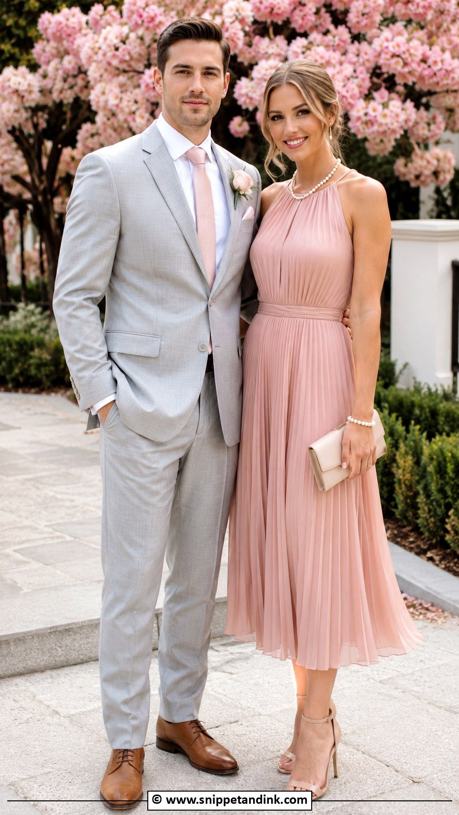 Blush Pink Dress And Light Gray Suit Wedding Matching Outfit - Snippet and Ink - 35 Wedding Matching Outfits