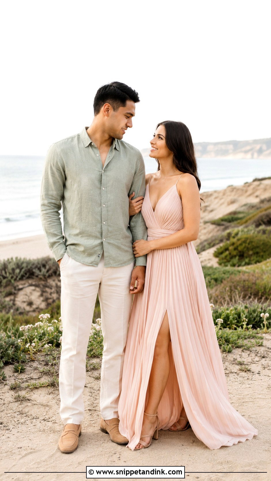 Blush Pink Dress And Sage Green Linen Outfit - Snippet and Ink - 20 Beach Pre Wedding Shoot Outfit Ideas