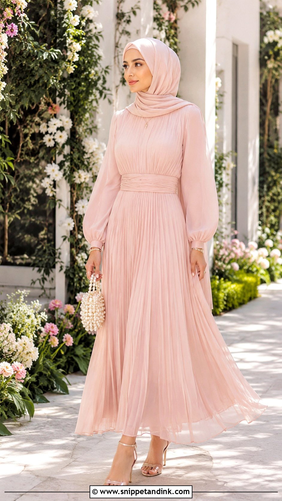 Blush Pink Dress With Chiffon Hijab - Snippet and Ink - 30 Wedding Hijab Styles