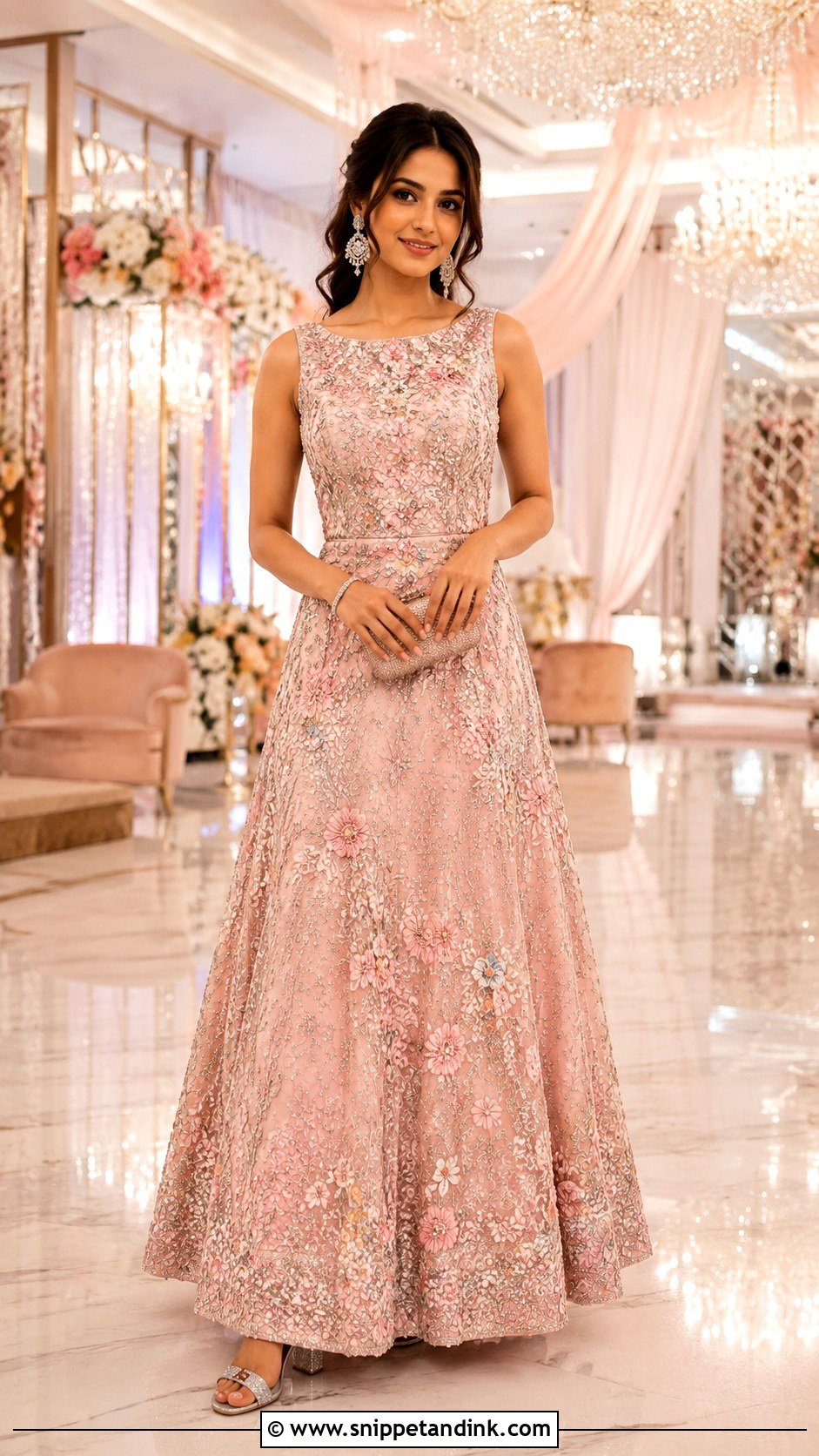 Blush Pink Embroidered Cocktail Gown With Crystal Accessories - Snippet and Ink - 20 Cocktail Gowns Indian Weddings