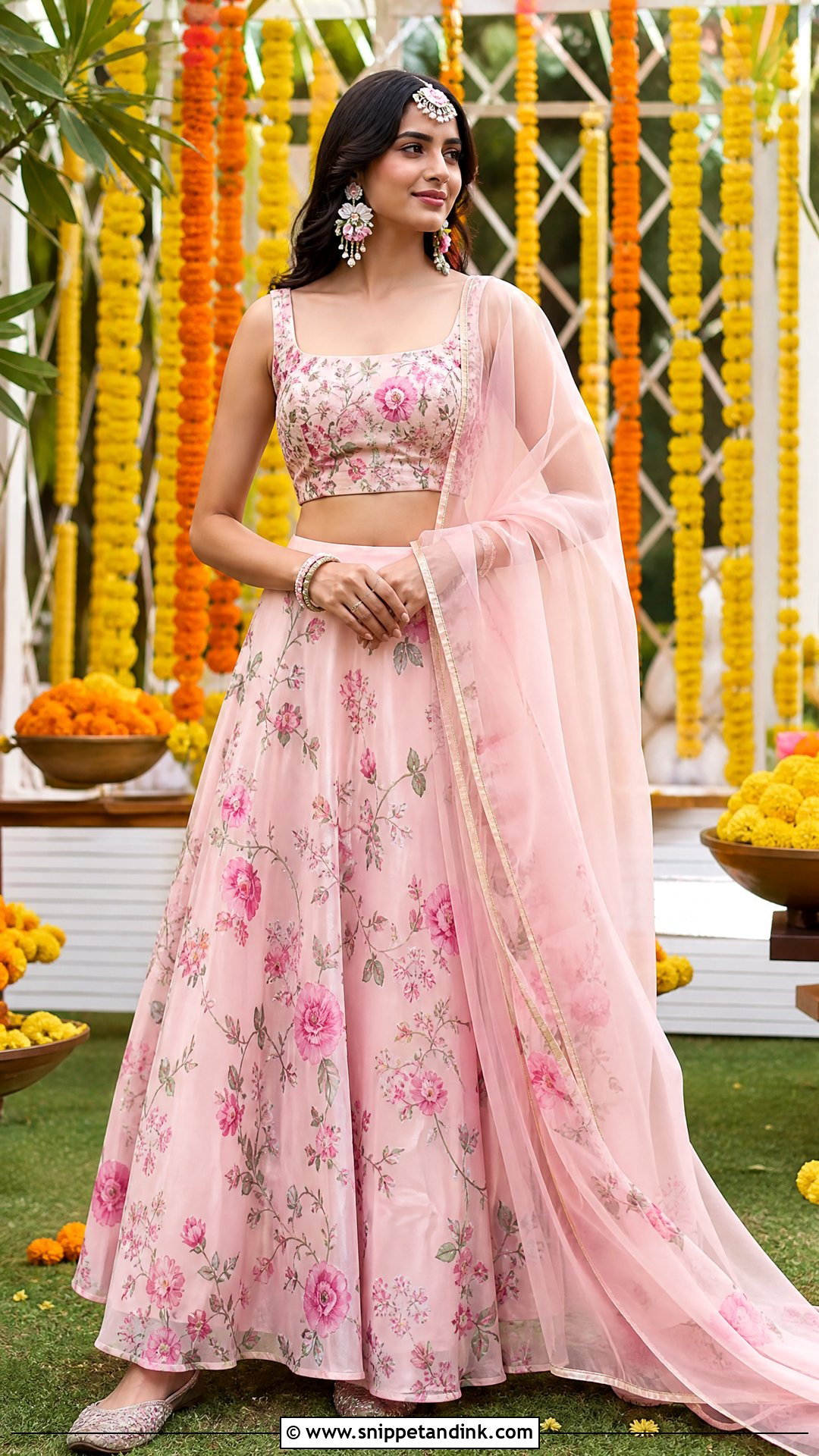 Blush Pink Floral Lehenga For Haldi - Snippet and Ink - 20 Pink Haldi Outfit Ideas