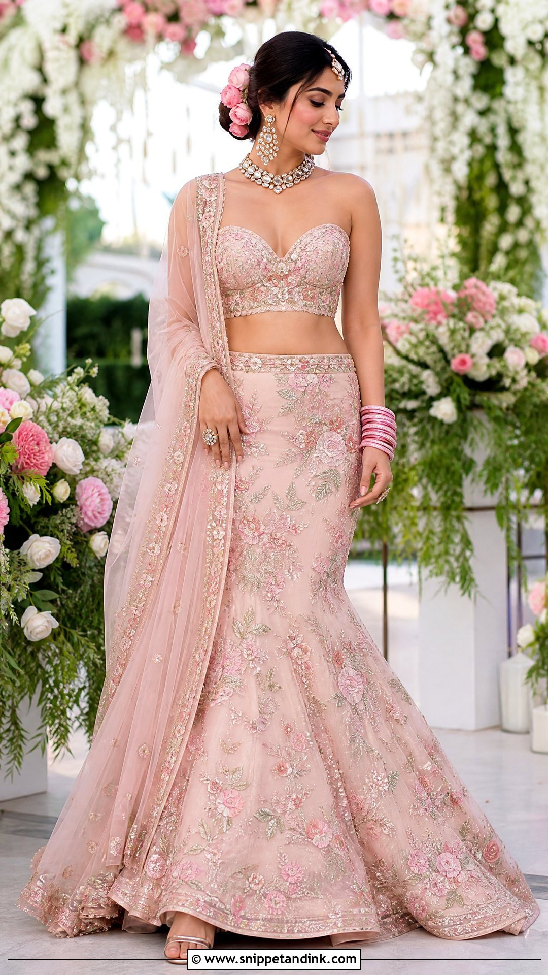 Blush Pink Floral Mermaid Bridal Lehenga - Snippet and Ink - 20 Indian Mermaid Wedding Dress Ideas
