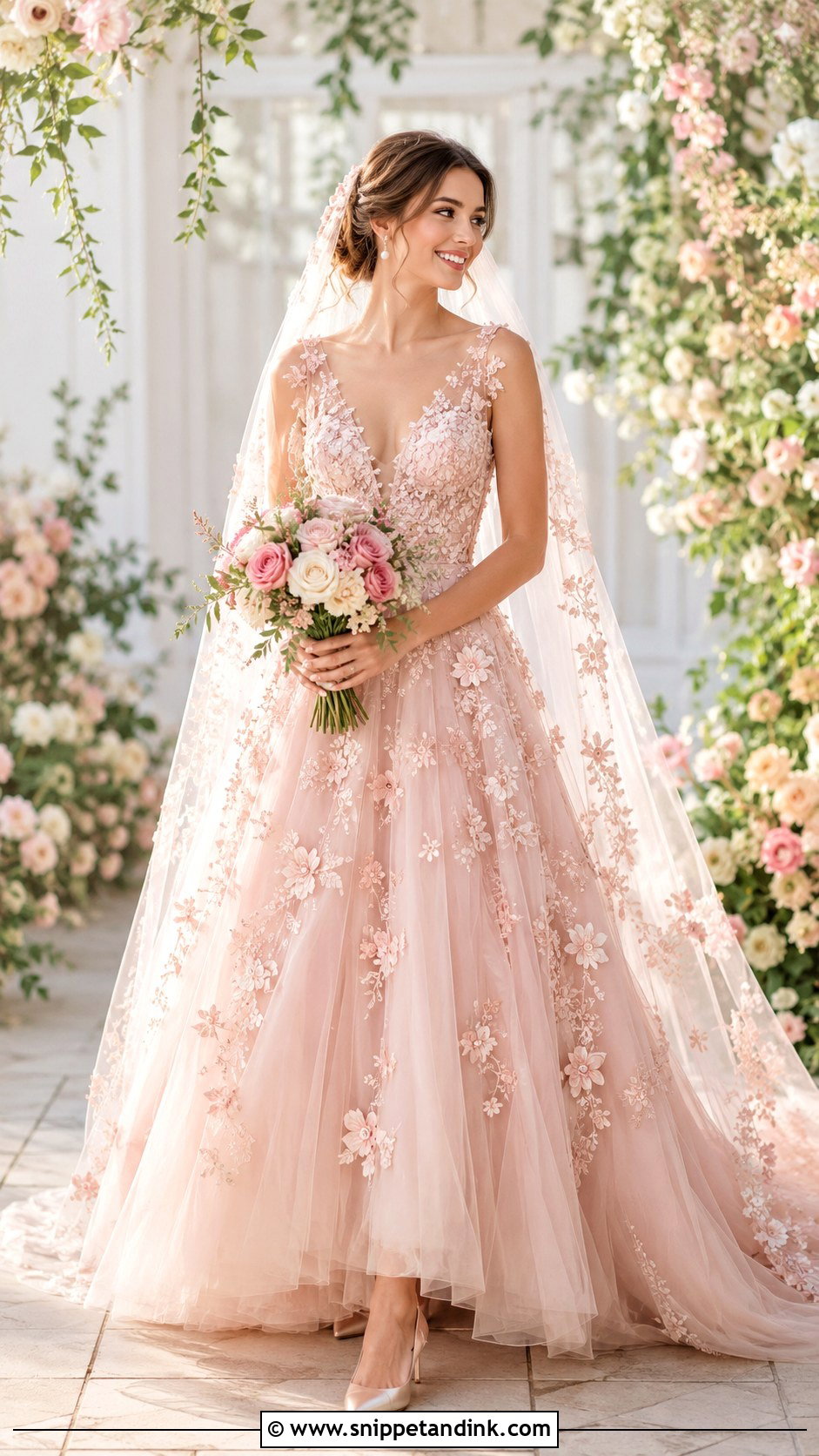 Blush Pink Floral Wedding Dress With Pearl Accessories - Snippet and Ink - 20 Colorful Wedding Dresses