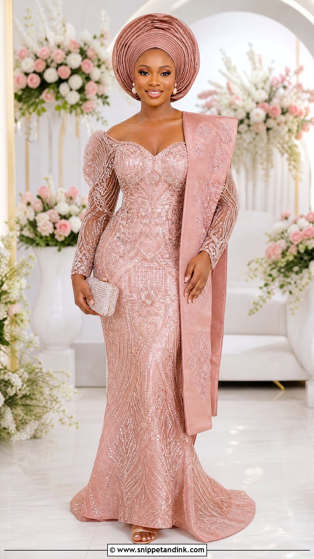 Blush Pink Komole Gown Outfit - Snippet and Ink - 20 Yoruba Introduction Outfit Ideas