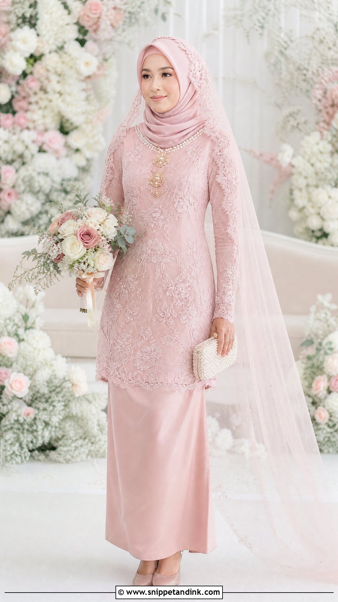 Blush Pink Lace Baju Kurung Malay Wedding Dress - Snippet and Ink - 20 Traditional Malay Wedding Dress Ideas