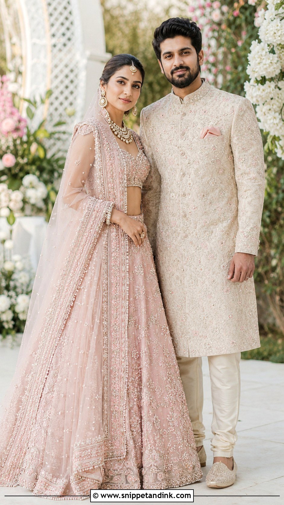 Blush Pink Lehenga And Beige Sherwani Couple Outfit - Snippet and Ink - 20 Indian Wedding Couple Outfits