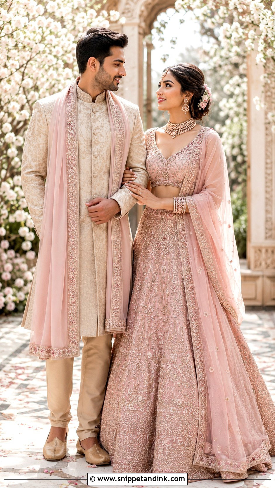 Blush Pink Lehenga And Beige Sherwani Wedding Couple Dress Combination - Snippet and Ink - 25 Wedding Couple Dress Combination Ideas