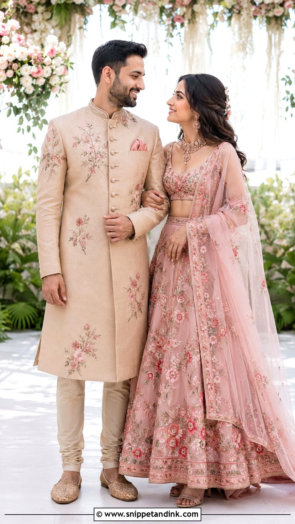 Blush Pink Lehenga And Beige Sherwani - Snippet and Ink - 20 Couple Matching Outfits Indian Wedding