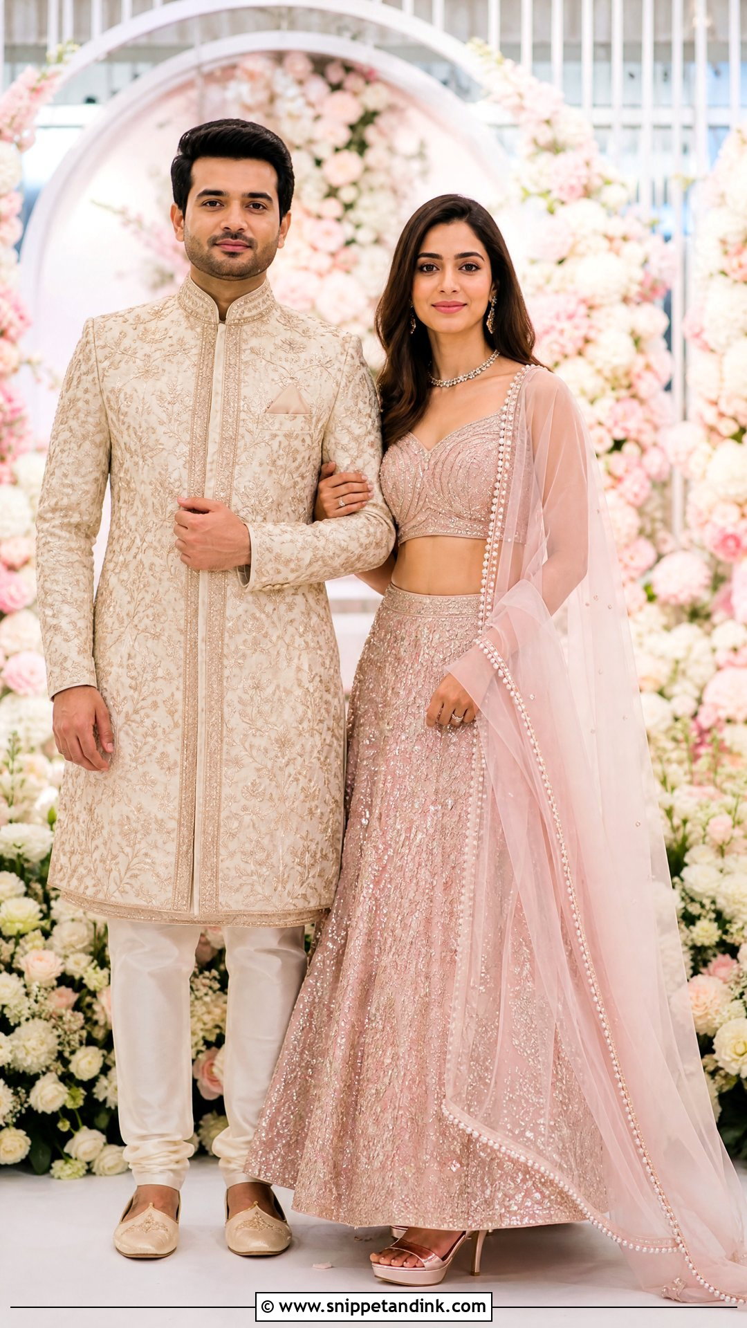 Blush Pink Lehenga And Champagne Sherwani Sangeet Couple Outfit - Snippet and Ink - 25 Sangeet Couple Outfits