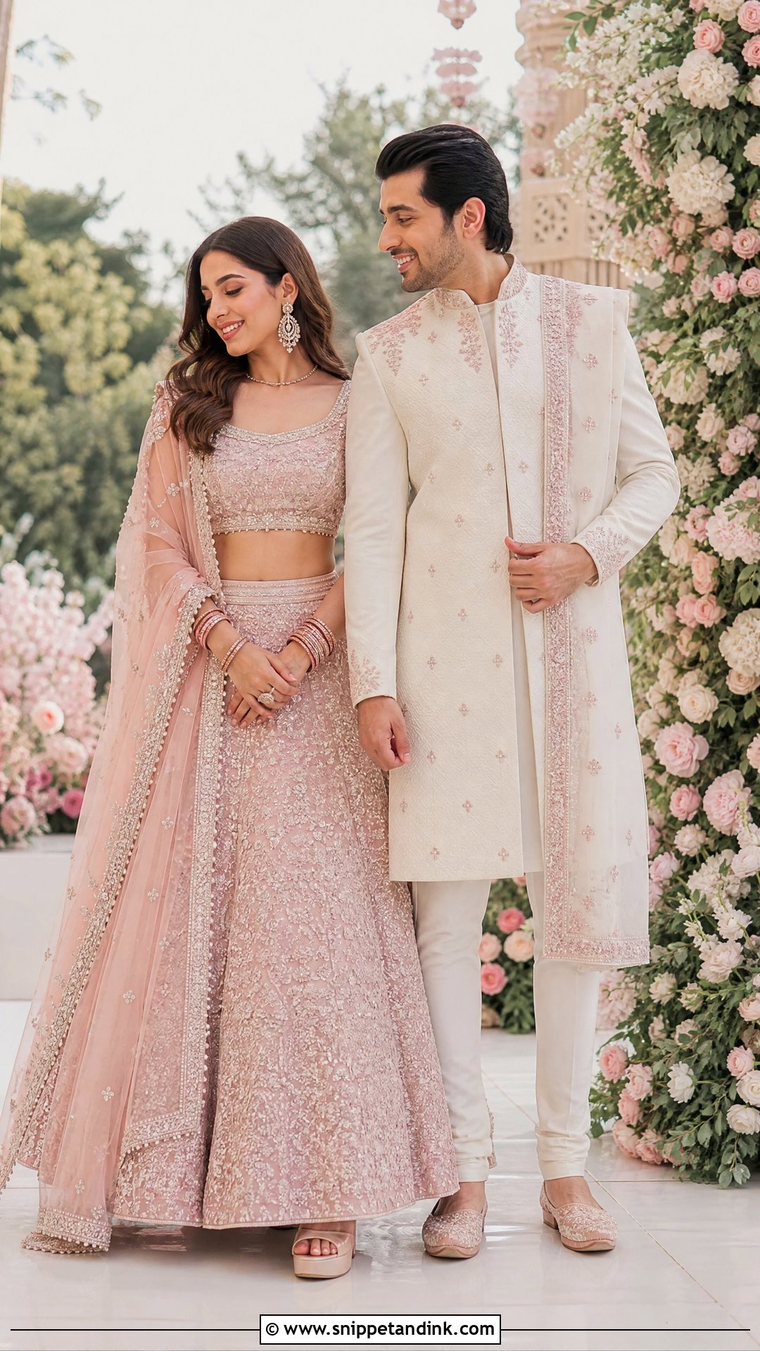 Blush Pink Lehenga And Ivory Sherwani Sangeet Couple Outfit - Snippet and Ink - 20 Sangeet Outfit for Couple Ideas