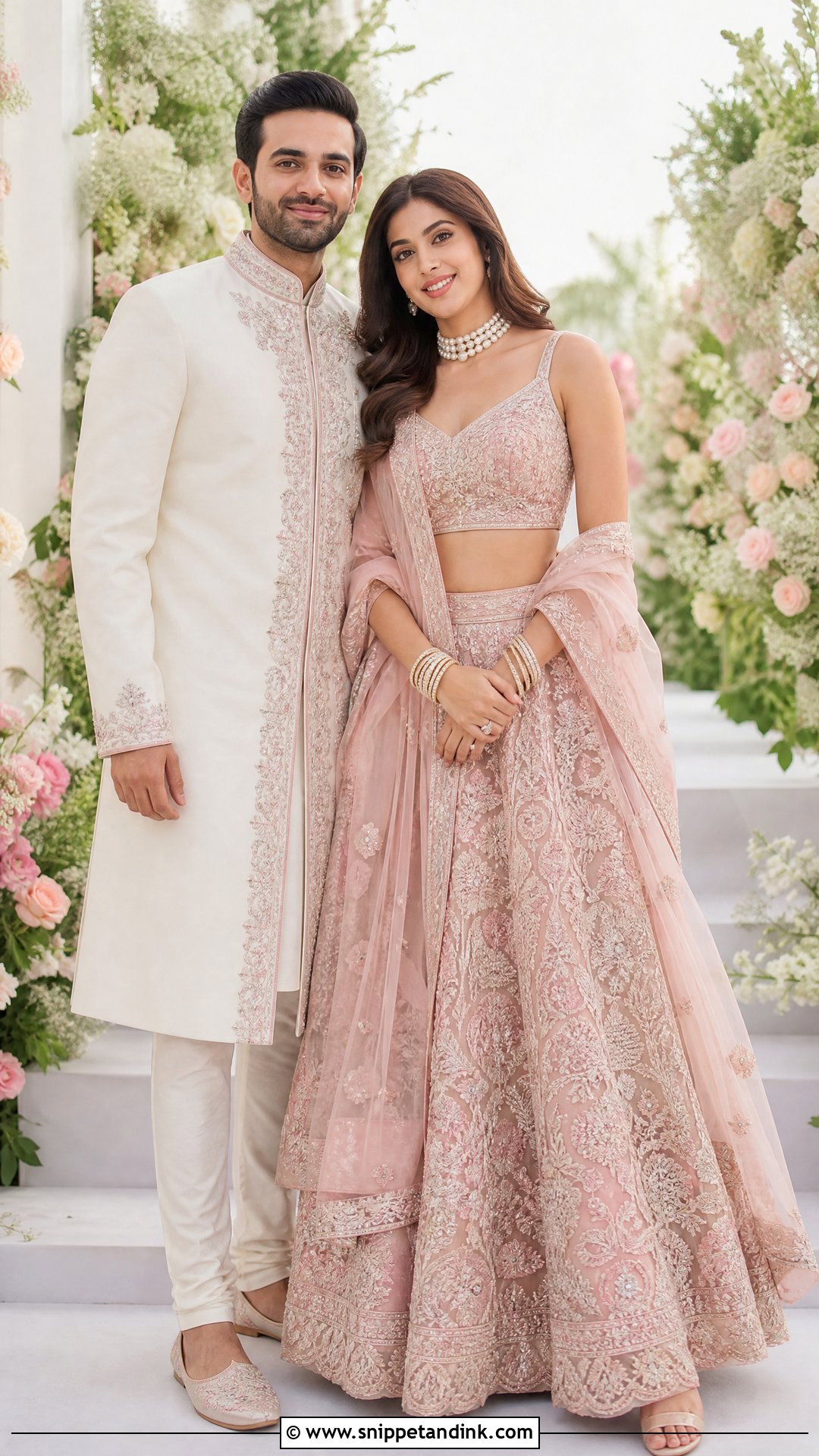 Blush Pink Lehenga And Ivory Sherwani - Snippet and Ink - 20 Ring Ceremony Couple Dress Ideas