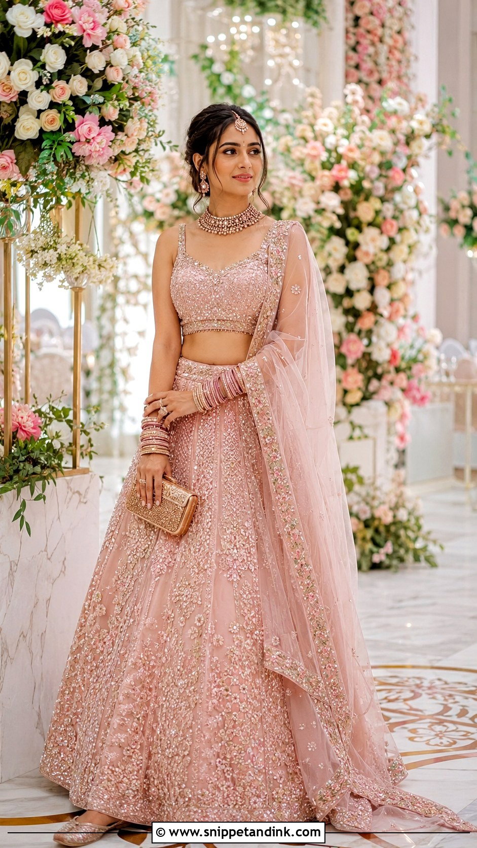 Blush Pink Lehenga With Rose Gold Bangle Set - Snippet and Ink - 20 Bridal Bengal Set Ideas
