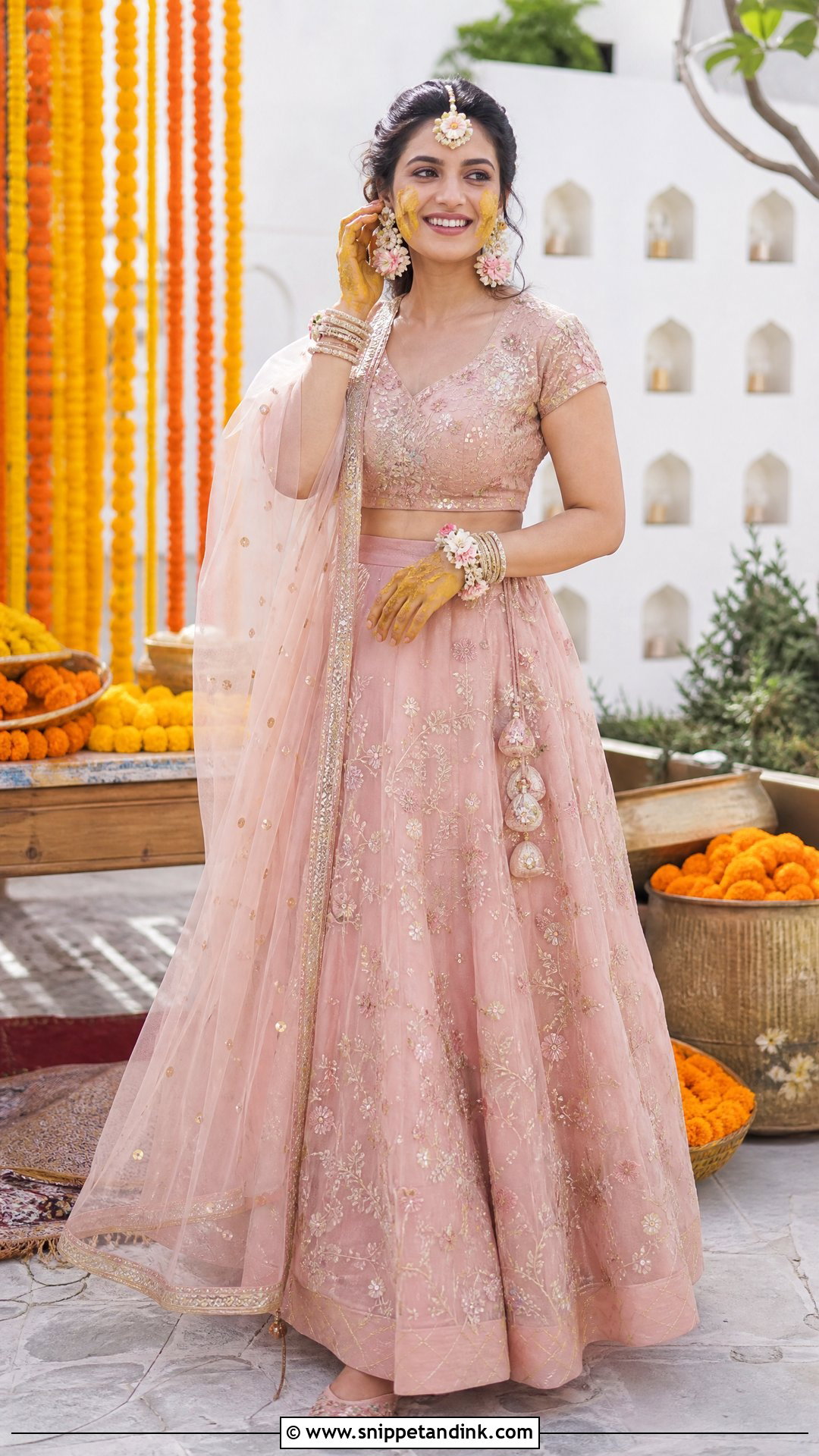 Blush Pink Lehenga for Haldi - Snippet and Ink - 20 Pink Haldi Outfit for Bride Ideas
