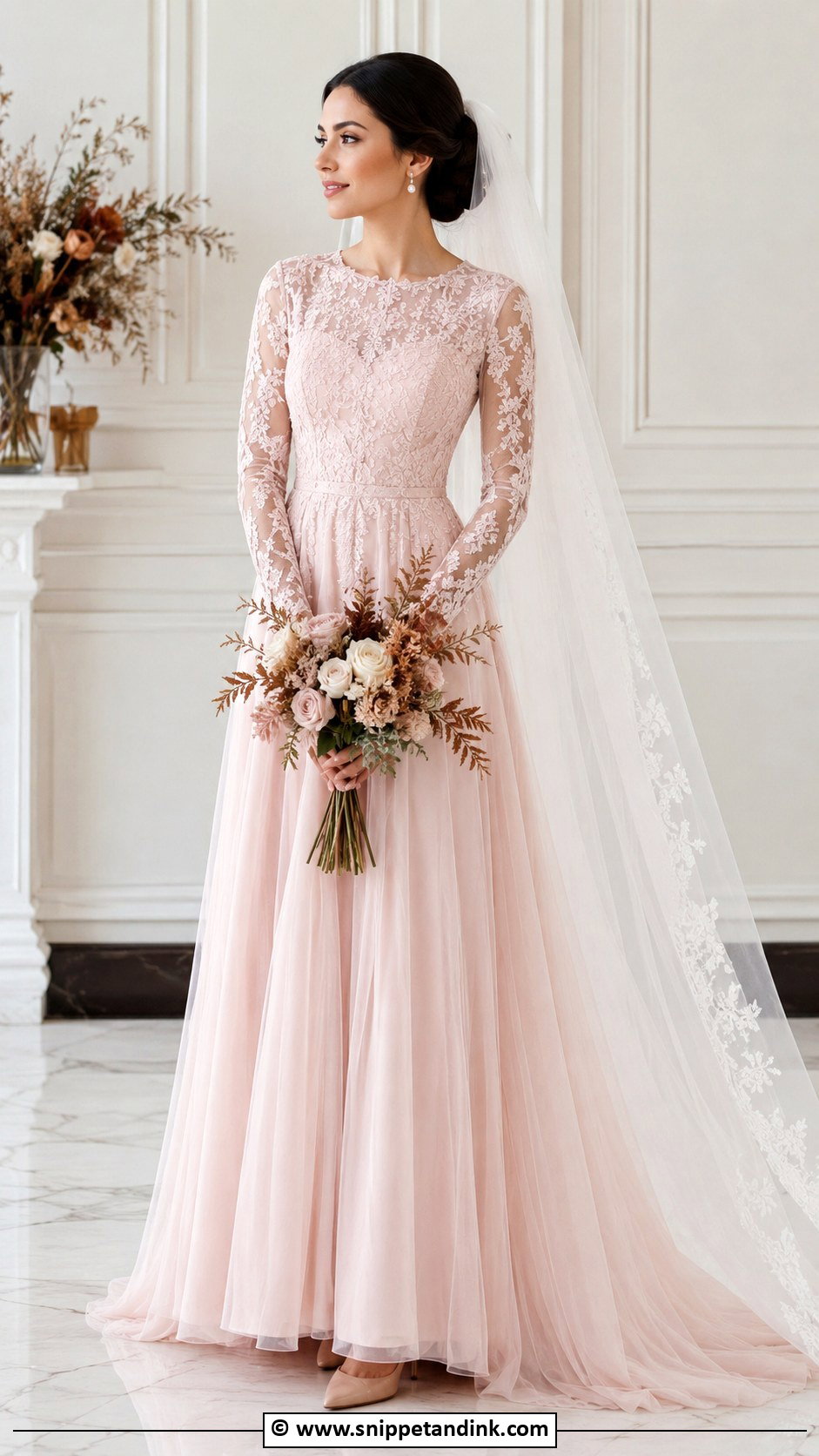 Blush Pink Long Sleeve Wedding Dress - Snippet and Ink - 35 Pink Wedding Dress Ideas