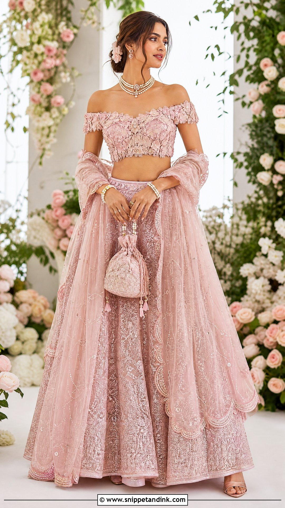 Blush Pink Off Shoulder Bridal Choli - Snippet and Ink - 20 Indian Bridal Bride Choli Ideas