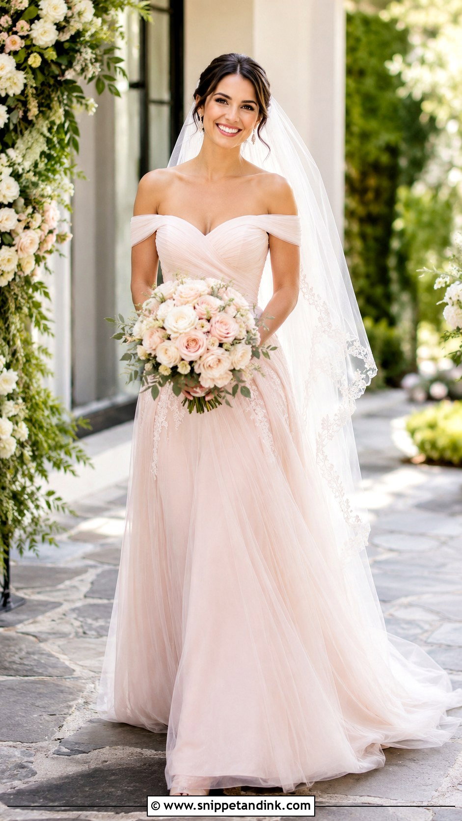 Blush Pink Off Shoulder Wedding Dress - Snippet and Ink - 30 Blush Pink Wedding Dress Ideas