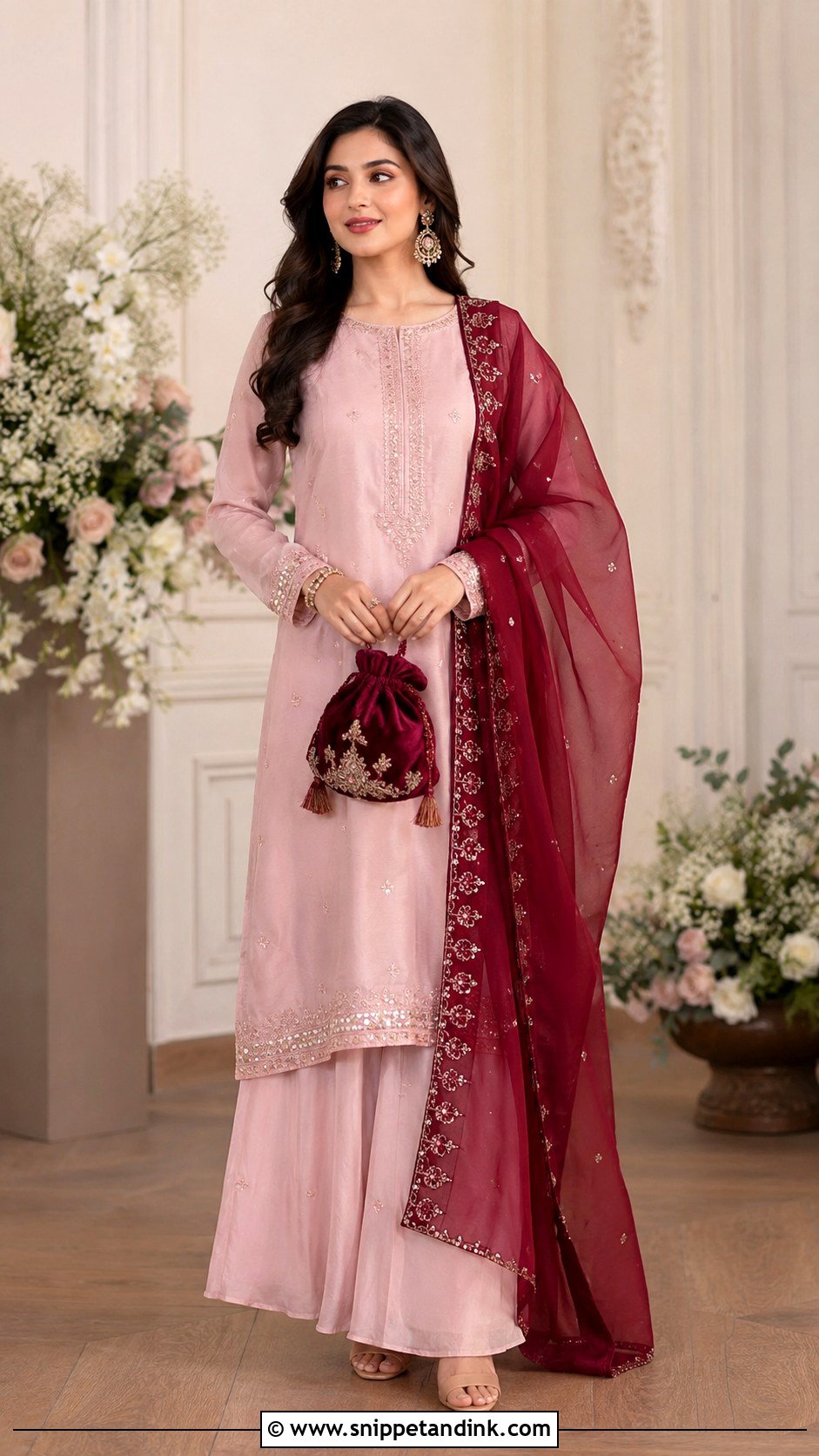 Blush Pink Palazzo Suit With Maroon Dupatta - Snippet and Ink - 20 Maroon Dupatta Combination Ideas