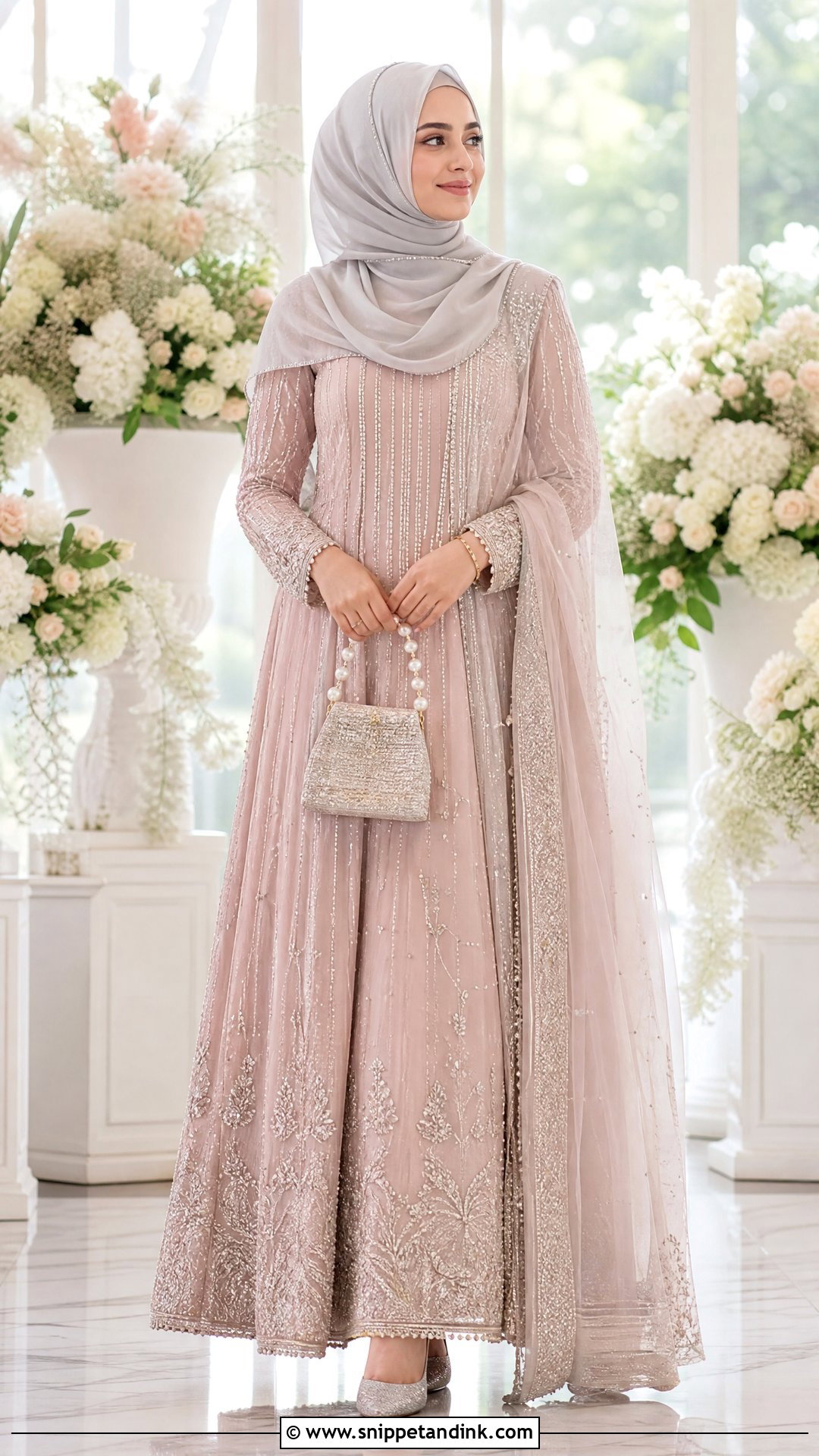 Blush Pink Pishwas With Pearl Hijab - Snippet and Ink - 20 Pakistani Hijab for Wedding Party Ideas