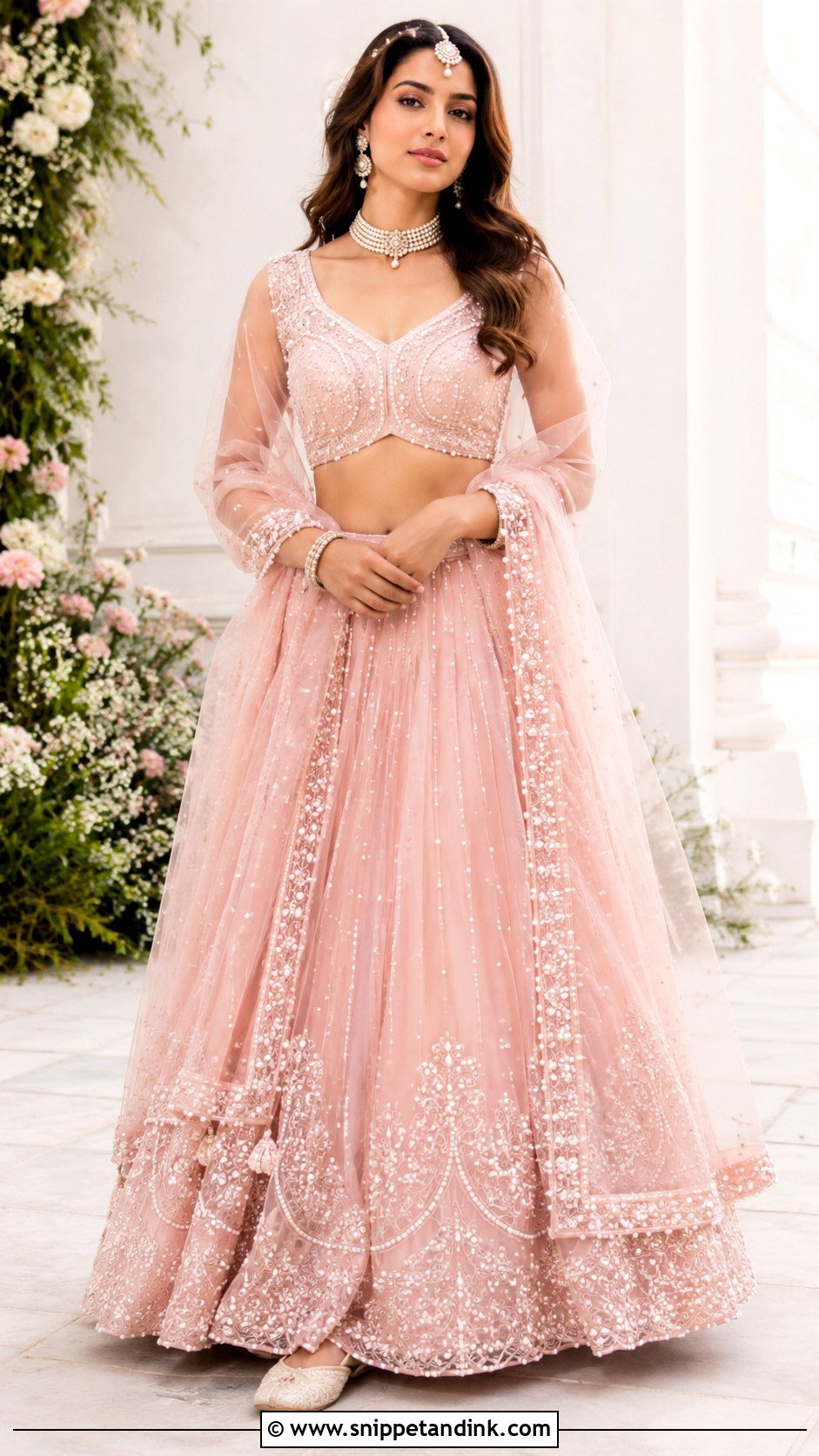 Blush Pink Punjabi Wedding Lengha With Pearl Jewelry - Snippet and Ink - 25 Punjabi Wedding Lengha Ideas
