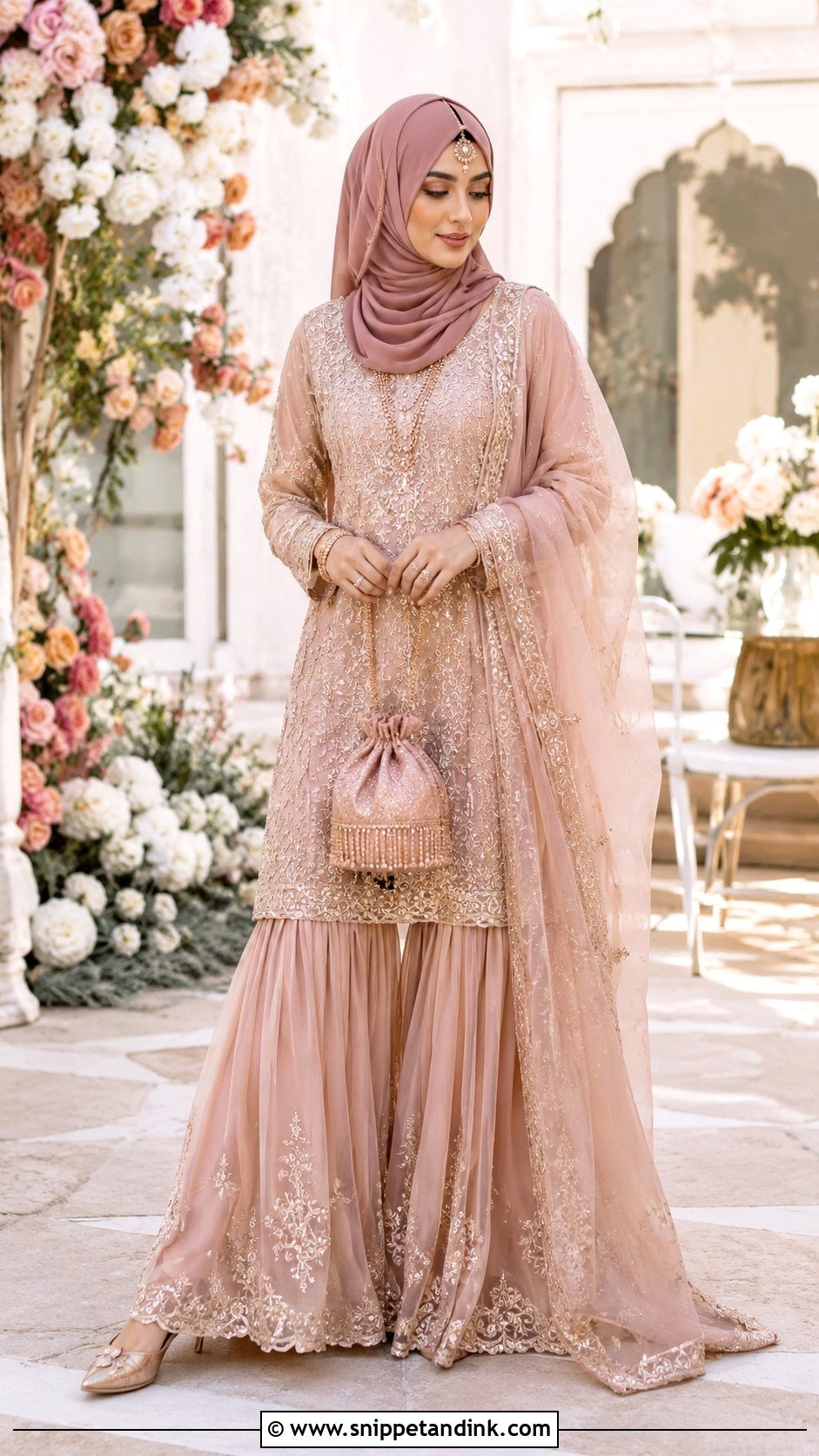 Blush Pink Sharara Hijab Dulhan Look - Snippet and Ink - 20 Hijab Dulhan Ideas