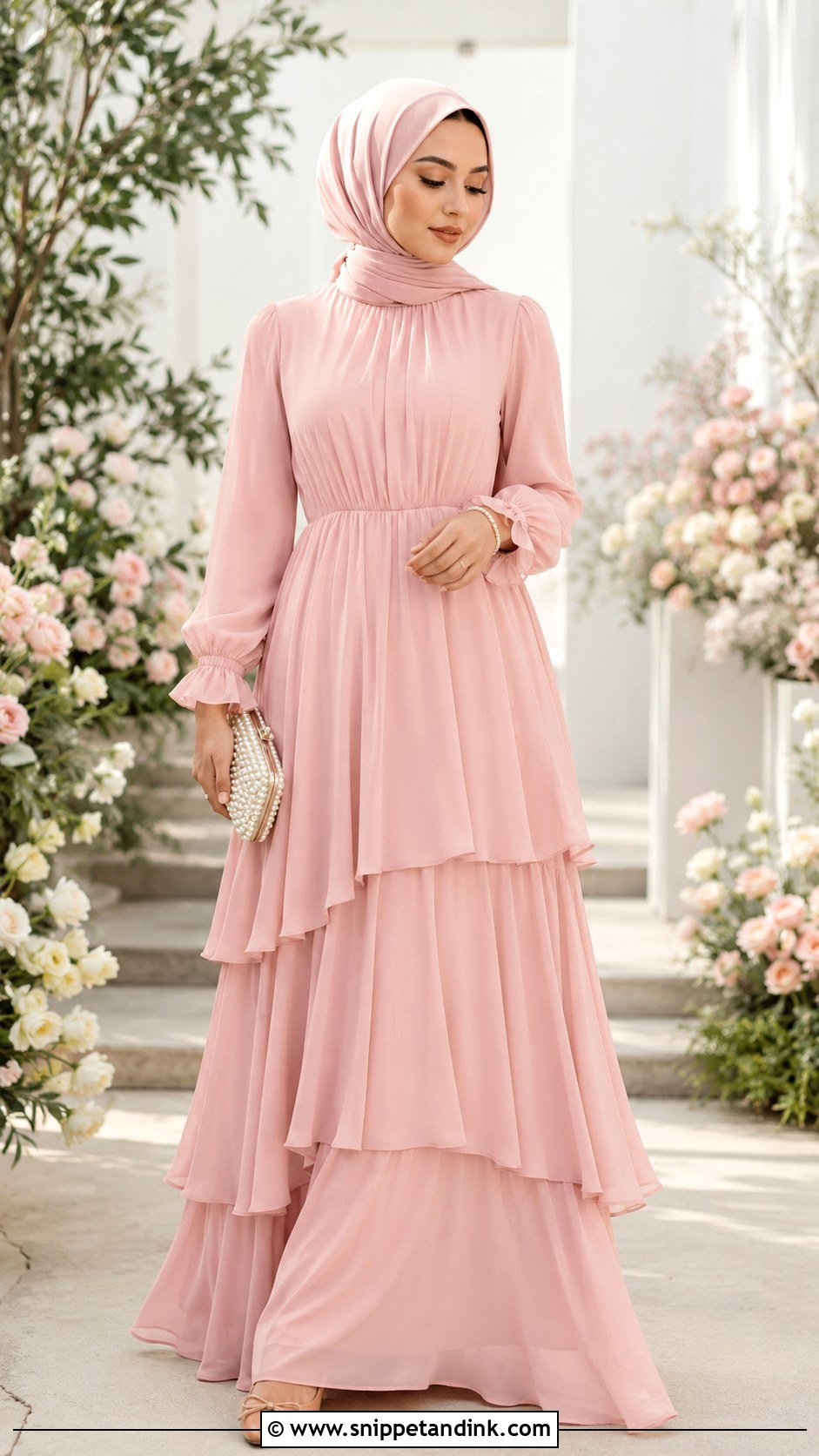 Blush Pink Tiered Bridesmaid Hijab Dress - Snippet and Ink - 20 Dress Braidsmaid Hijab Ideas