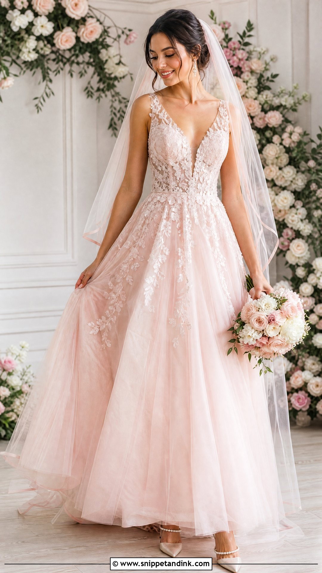 Blush Pink Wedding Dress With Pearl Heels - Snippet and Ink - 25 Not White Wedding Dress Ideas