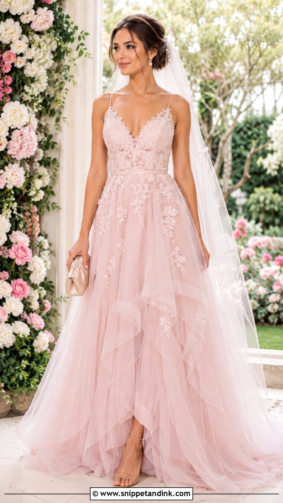 Blush Pink Wedding Dress With Pearl Veil - Snippet and Ink - 25 Wedding Dresses with Color
