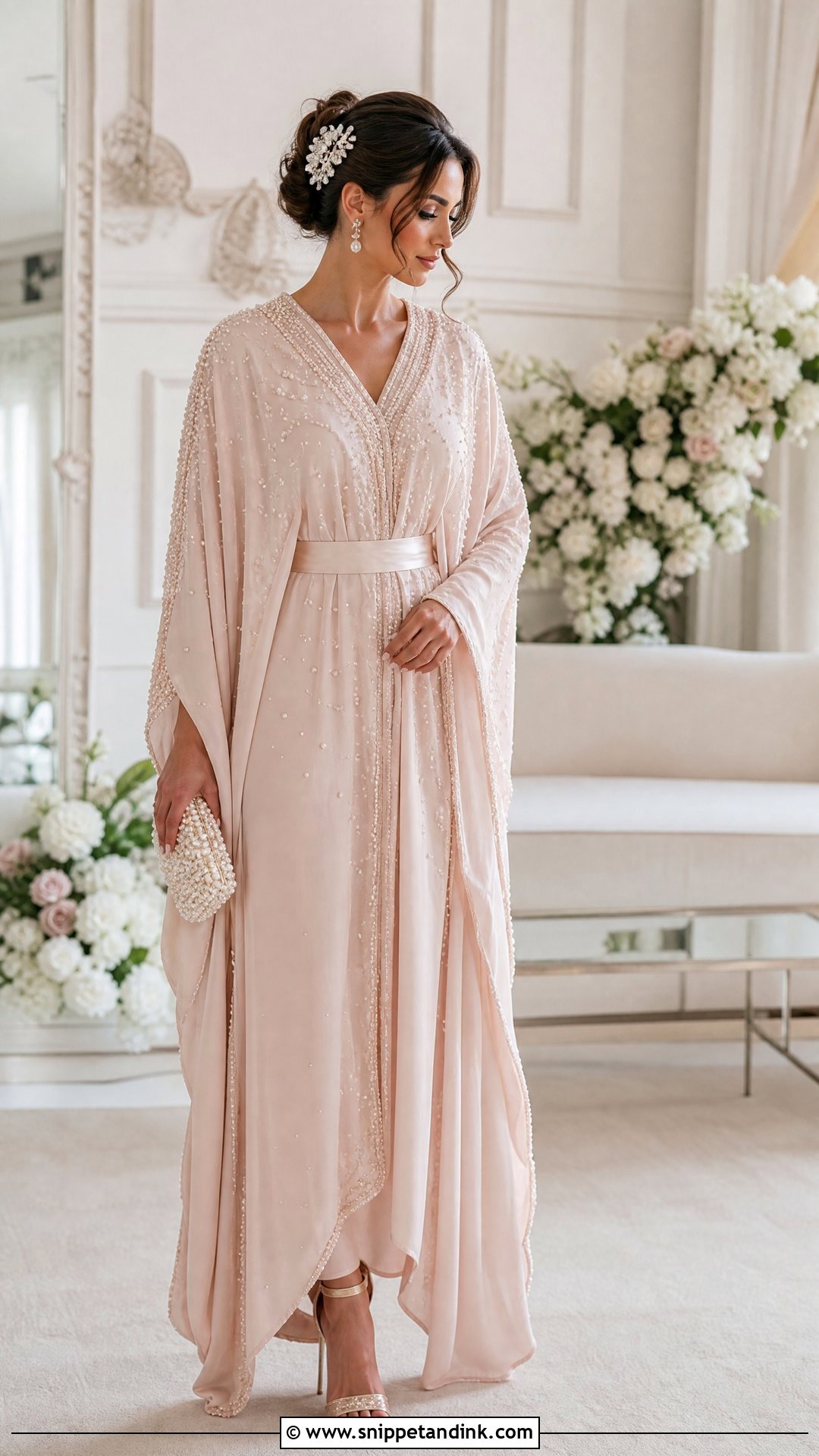 Blush Pink Wedding Kaftan With Pearl Details - Snippet and Ink - 20 Wedding Kaftan Ideas