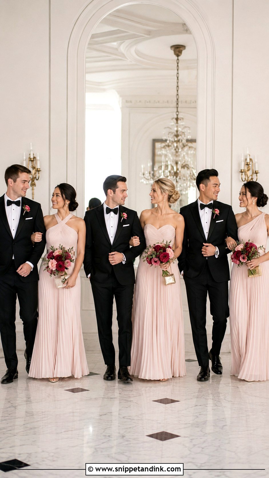 Blush Pleated Gown Black Tie Bridal Party - Snippet and Ink - 20 Black Tie Bridal Party Ideas