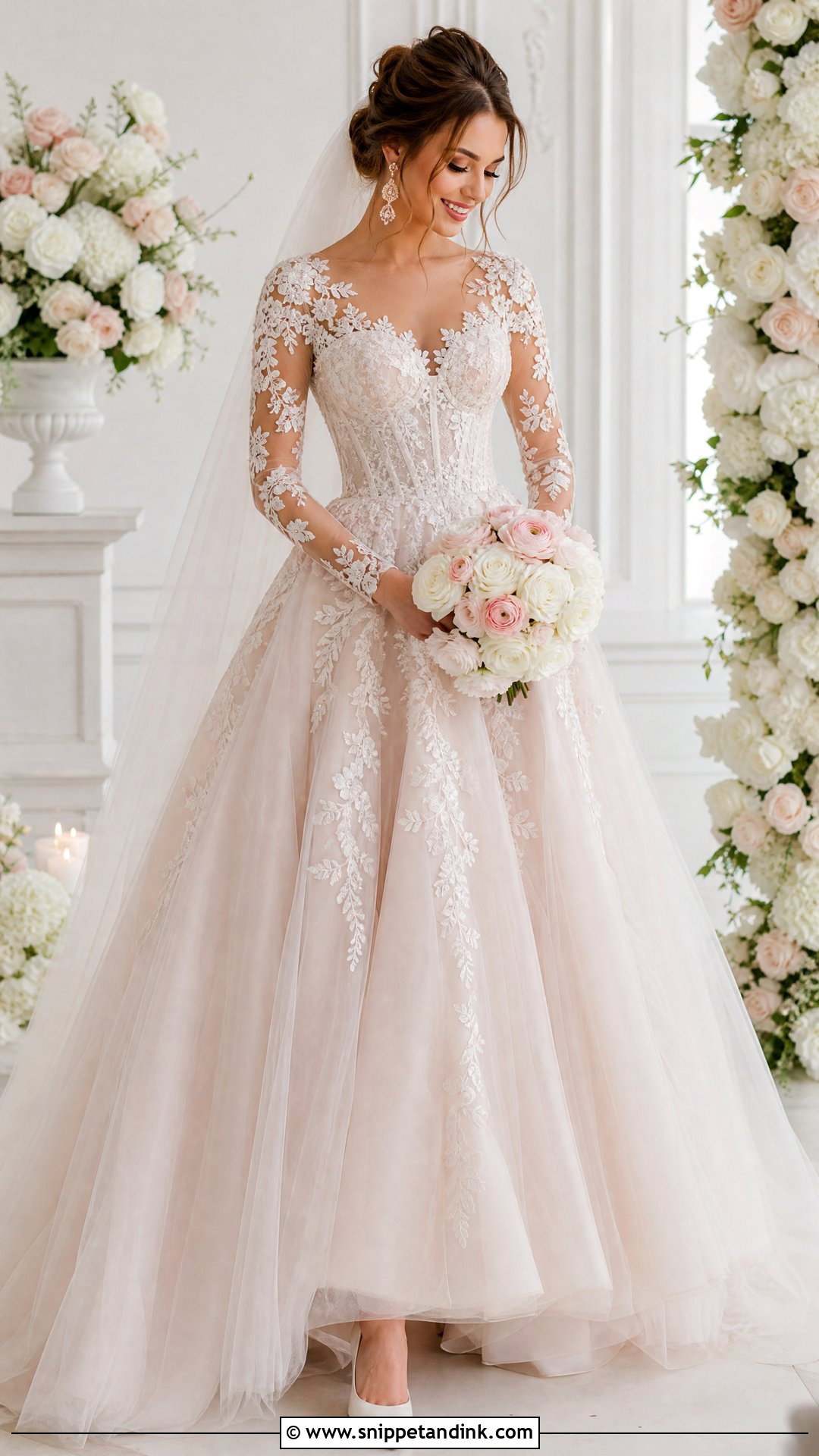Blush Princess Wedding Dress With Floral Sleeves - Snippet and Ink - 20 Princess Wedding Dresses Long Sleeve