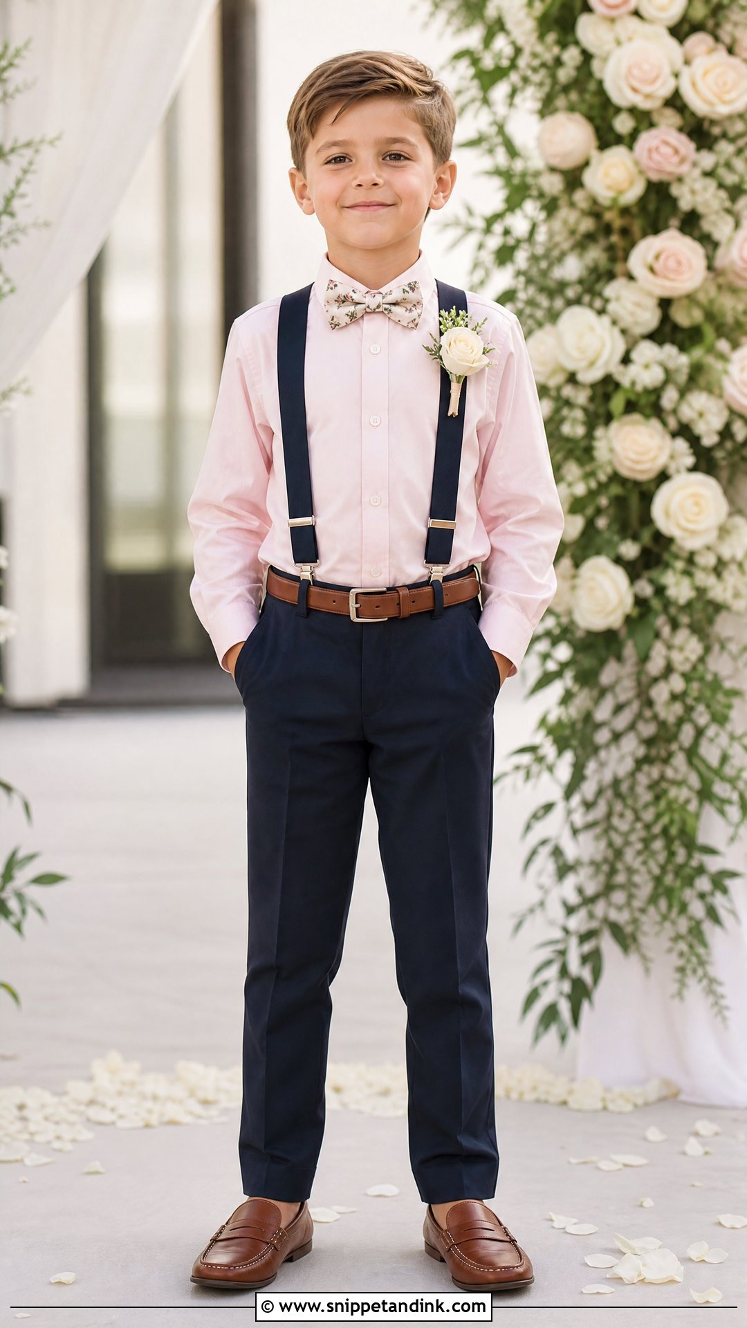 Blush Ring Bearer Shirt With Navy Trousers - Snippet and Ink - 20 Ring Bearer Shirt Ideas