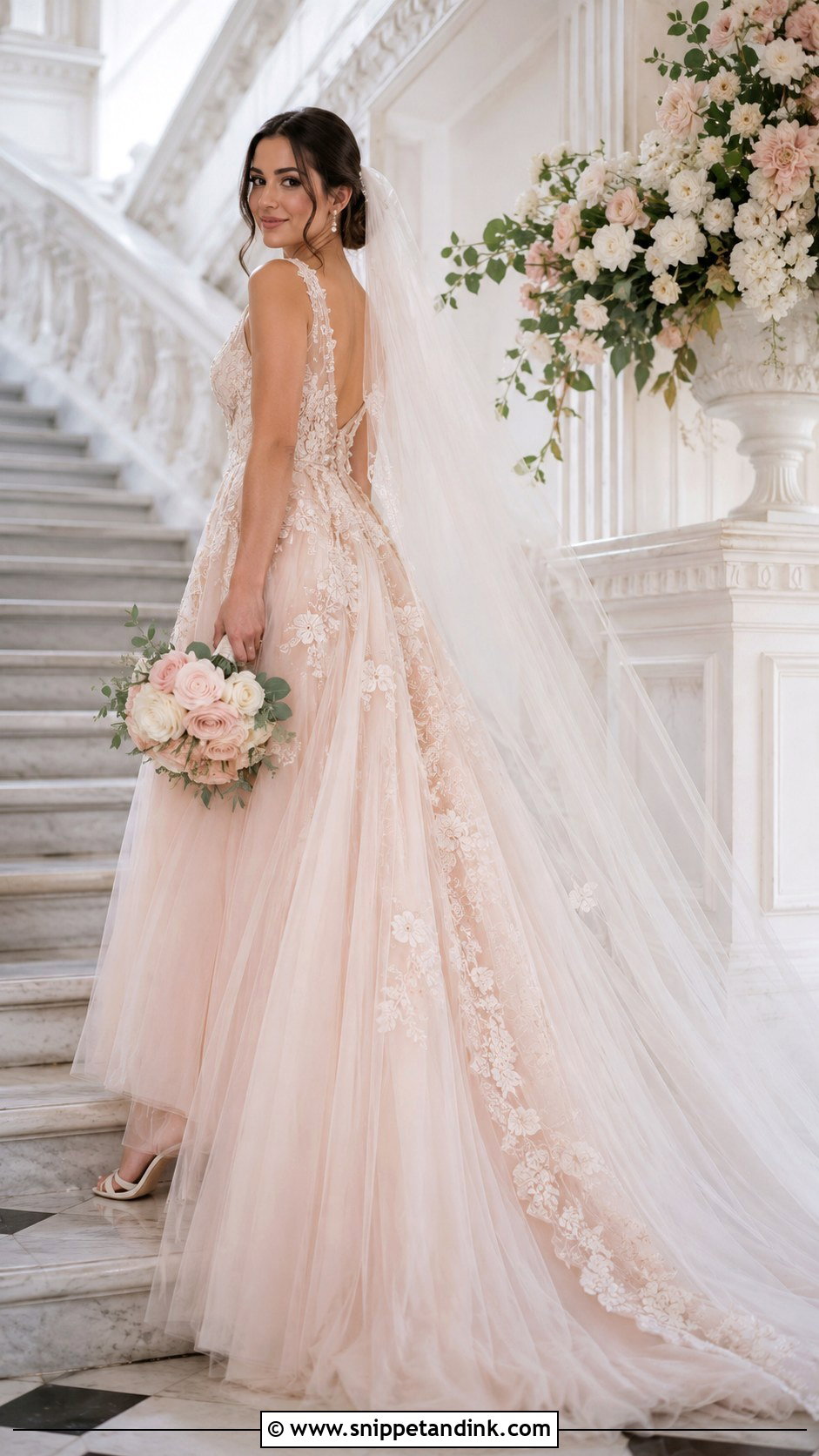 Blush Rose Wedding Dress With Cathedral Veil - Snippet and Ink - 25 Rose Wedding Dress Ideas