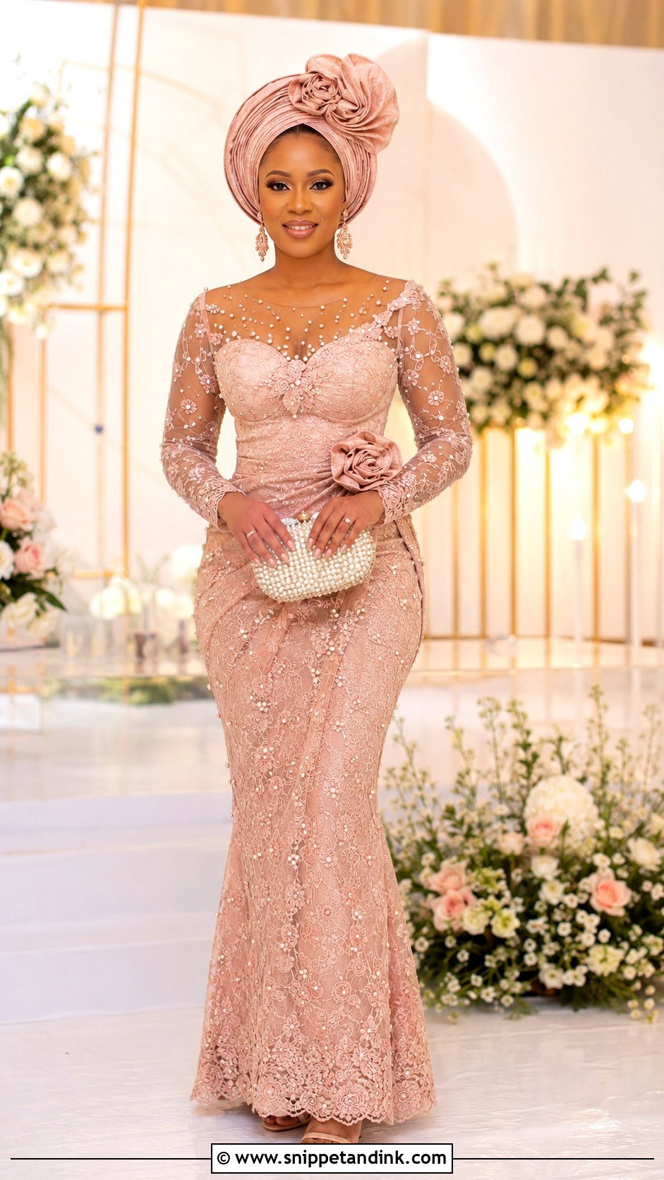 Blush Rosette Bridal Gele With Lace Gown - Snippet and Ink - 20 Bridal Gele Styles