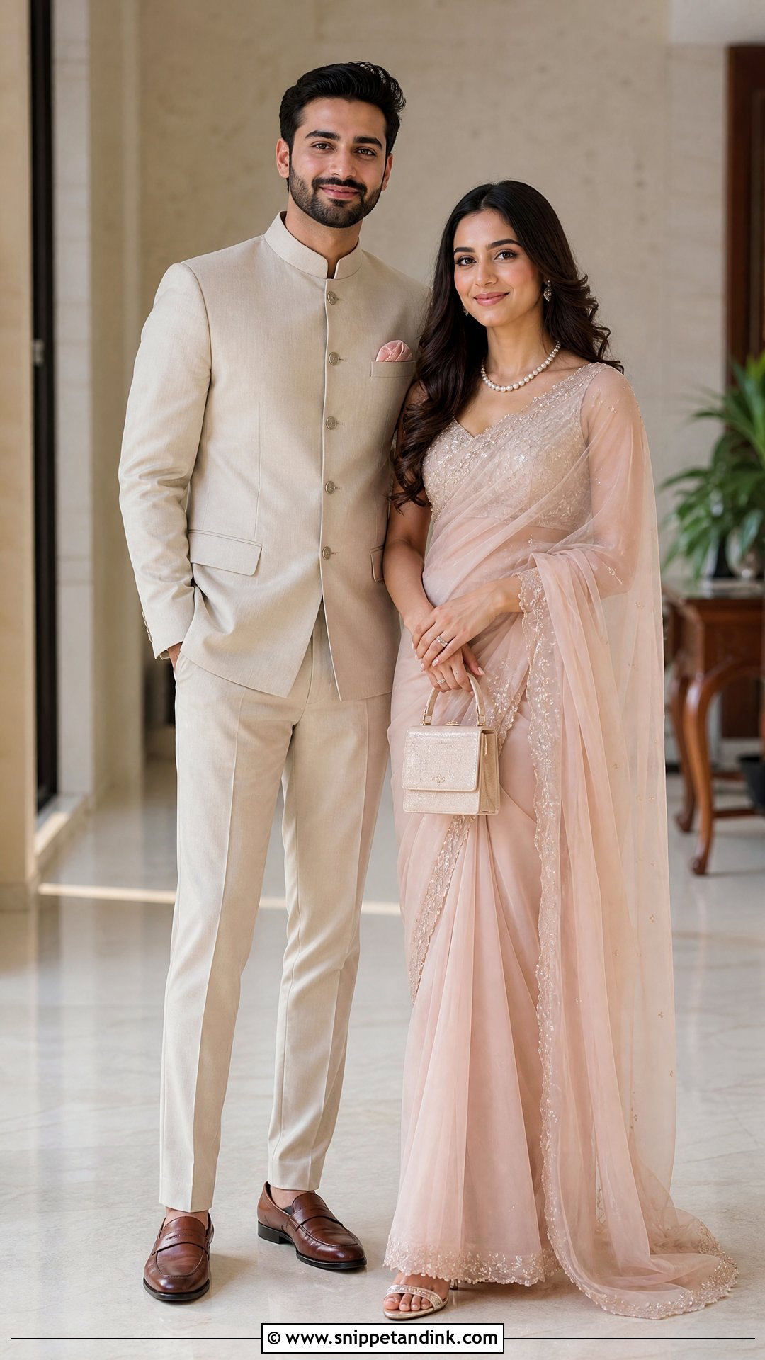 Blush Saree And Beige Groom Bandhgala - Snippet and Ink - 25 Indian Wedding Couple Dress Ideas