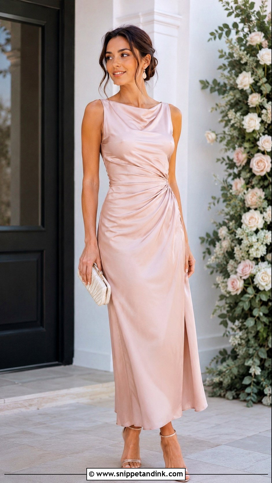 Blush Satin Dress Rehearsal Dinner Outfit - Snippet and Ink - 20 Bride Rehersal Dinner Outfit Ideas