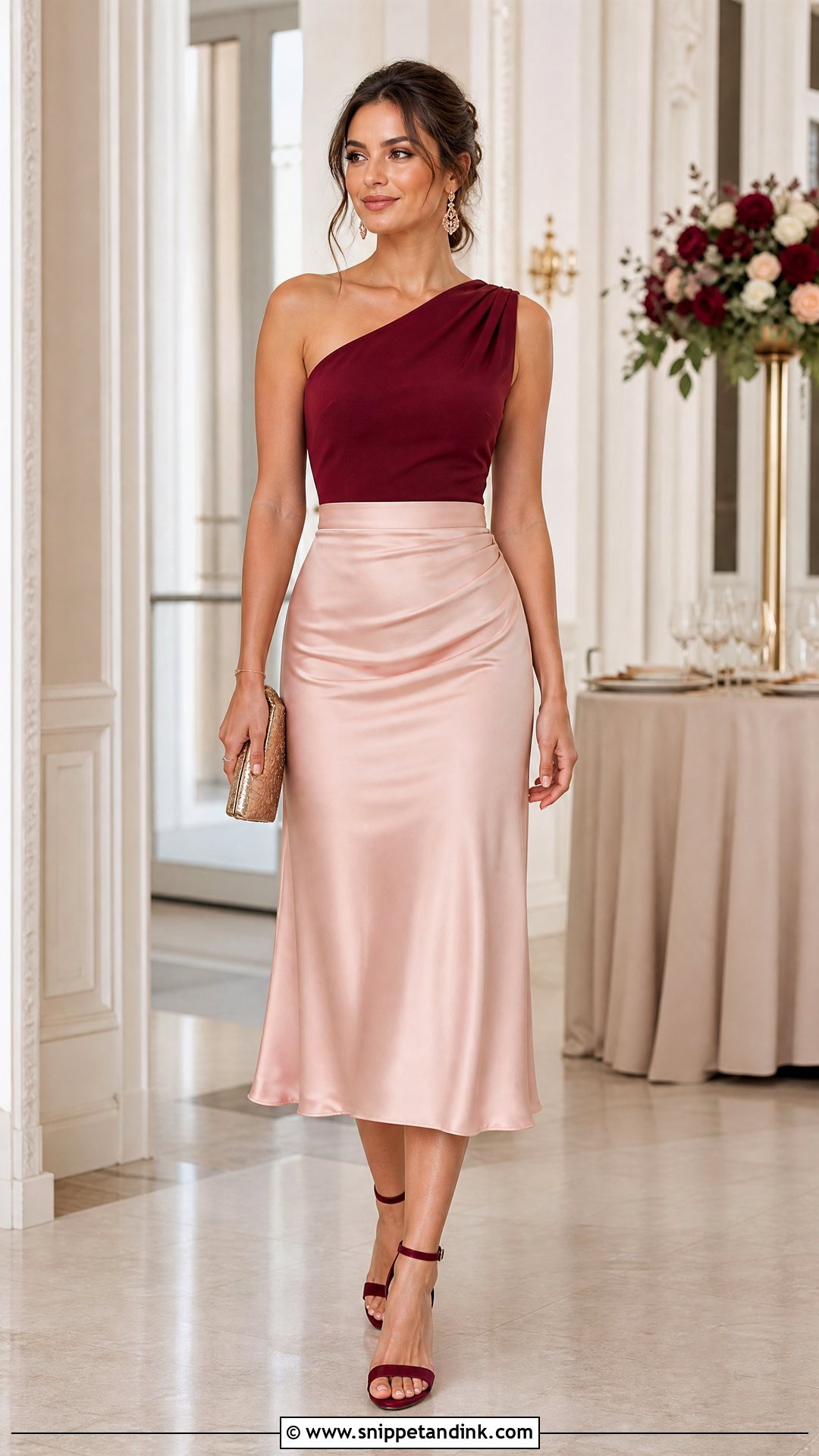 Blush Satin Skirt With Burgundy One Shoulder Top - Snippet and Ink - 20 Satin Skirt Wedding Outfit Ideas