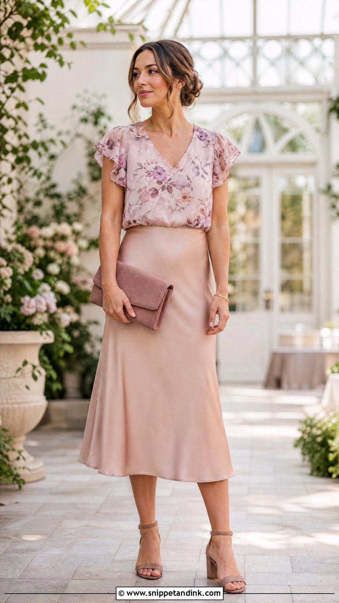 Blush Satin Skirt With Floral Chiffon Blouse - Snippet and Ink - 20 Satin Skirt Outfit for Wedding Ideas