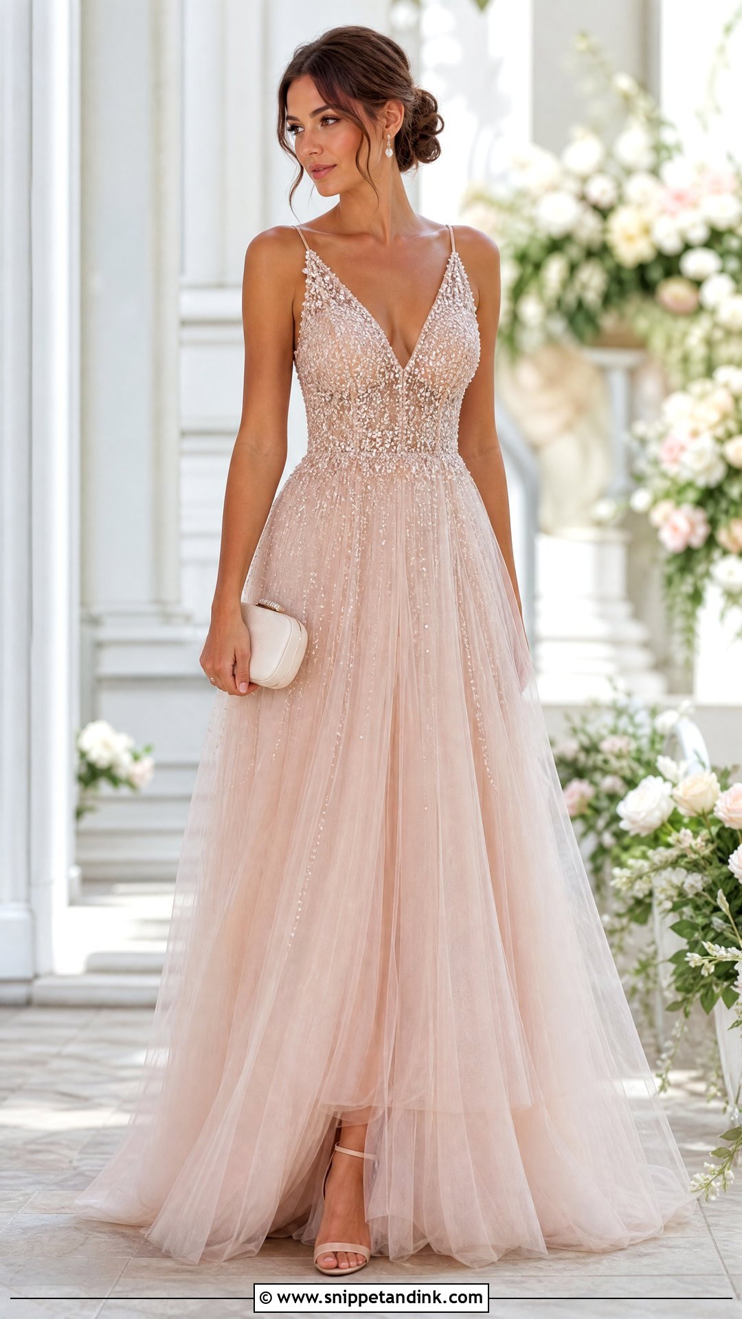Blush Sequin Ball Gown With Pearl Accessories - Snippet and Ink - 20 Sequin Ball Gown Ideas
