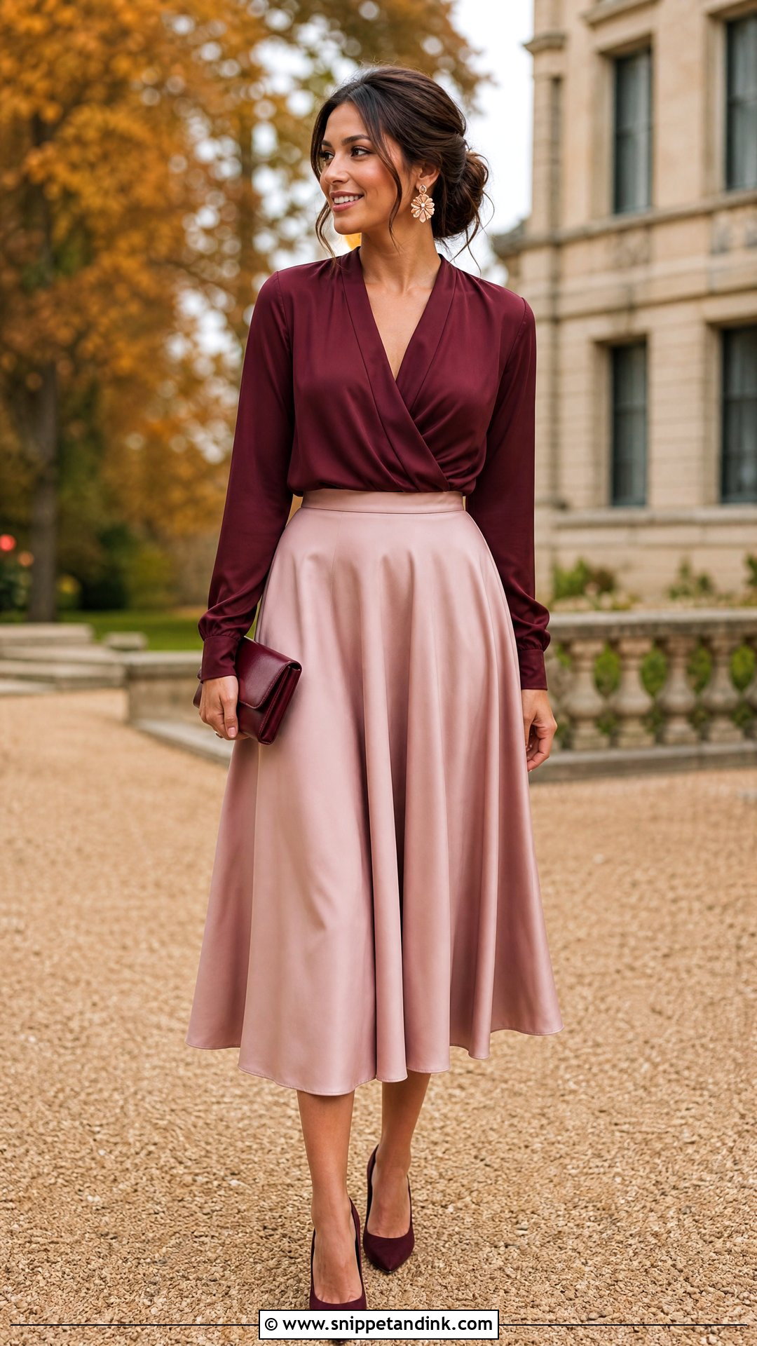 Blush Silk Skirt With Burgundy Blouse - Snippet and Ink - 20 Silk Skirt Wedding Outfit Ideas