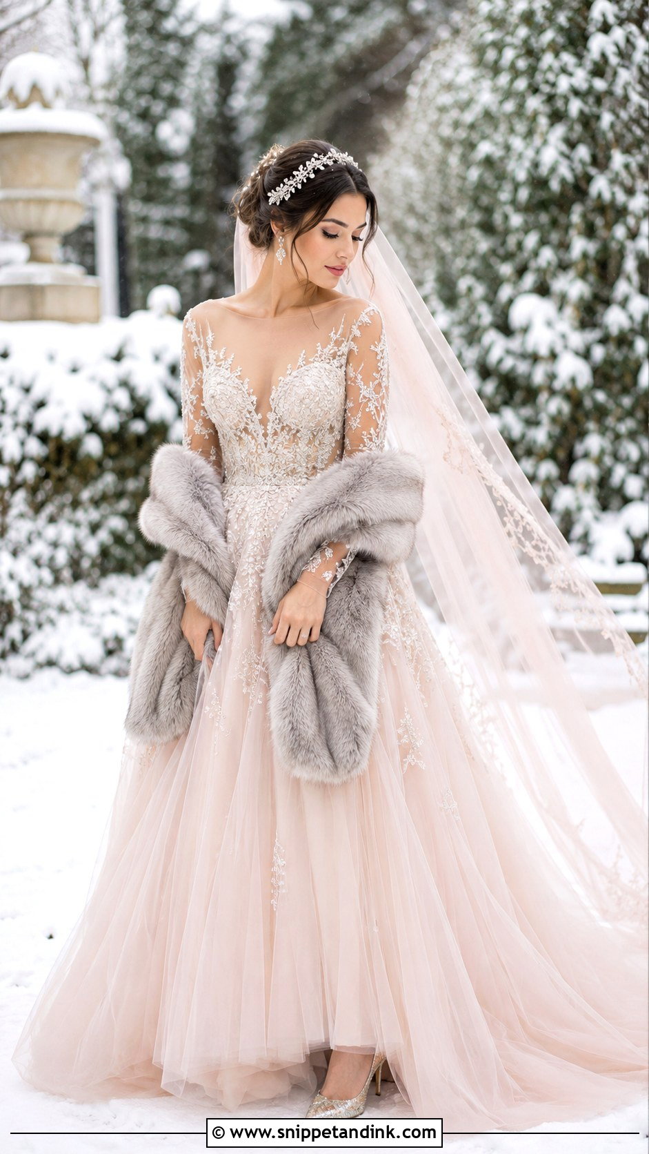 Blush Snow Wedding Dress With Silver Accessories - Snippet and Ink - 20 Snow Wedding Dress Ideas