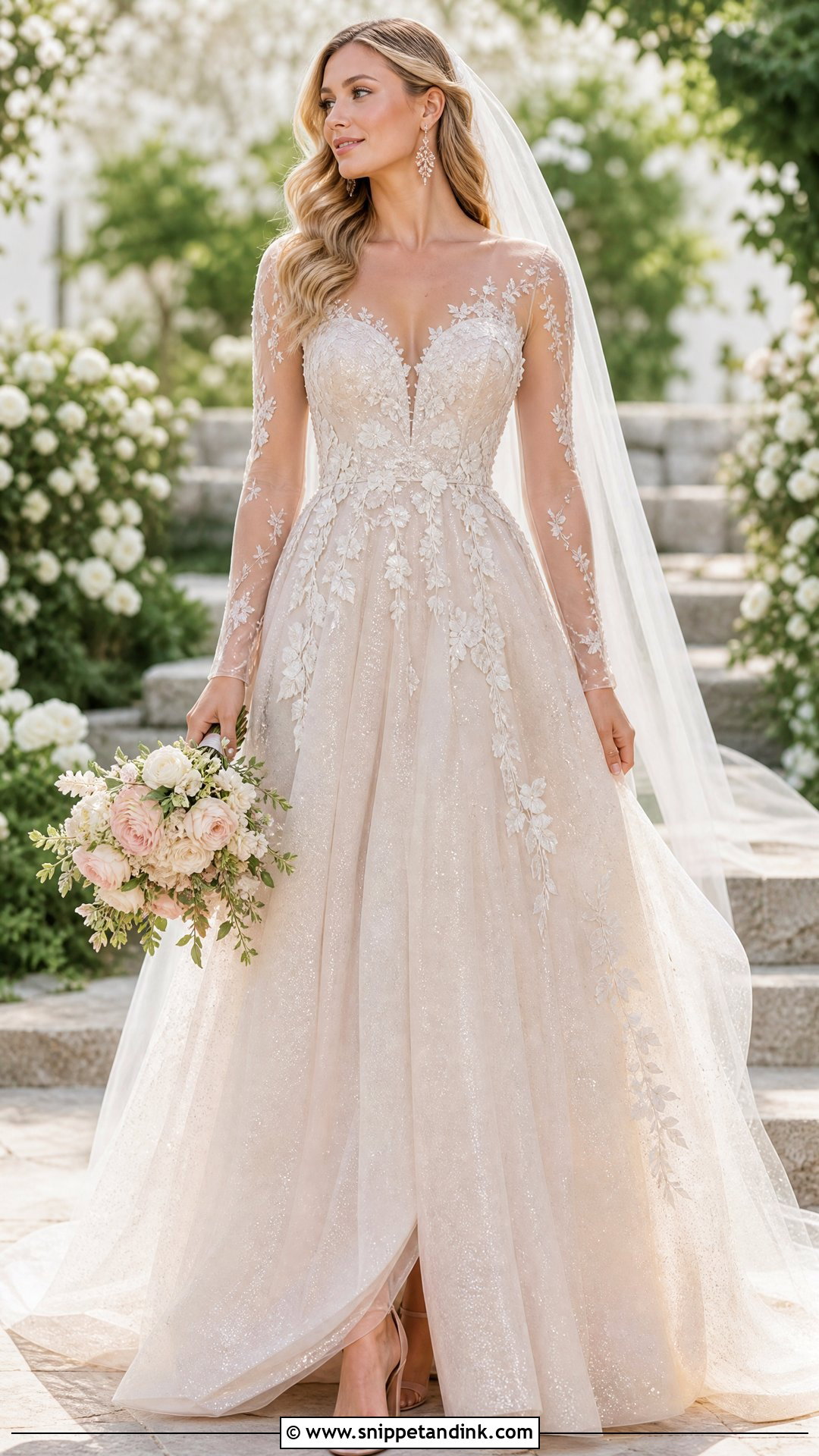 Blush Sparkly Wedding Dress With Sheer Sleeves - Snippet and Ink - 20 Sparkly Wedding Dress with Sleeves
