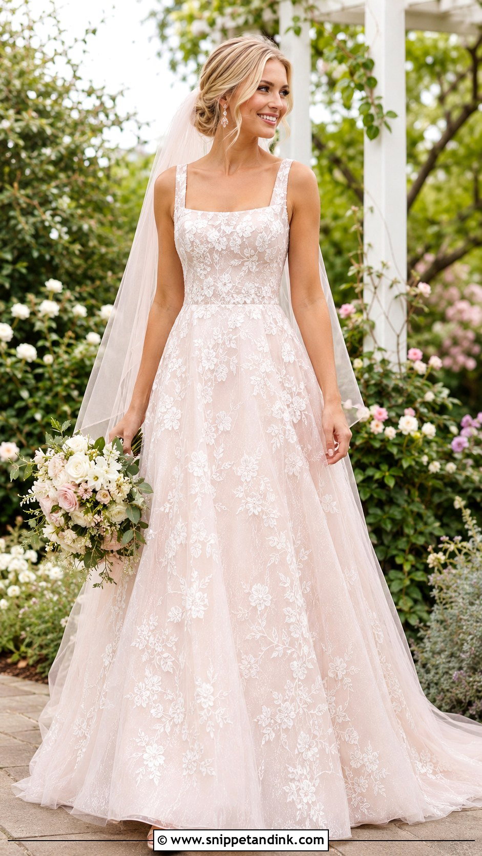 Blush Square Neck A Line Wedding Dress - Snippet and Ink - 20 Square Neck a Line Wedding Dress Ideas