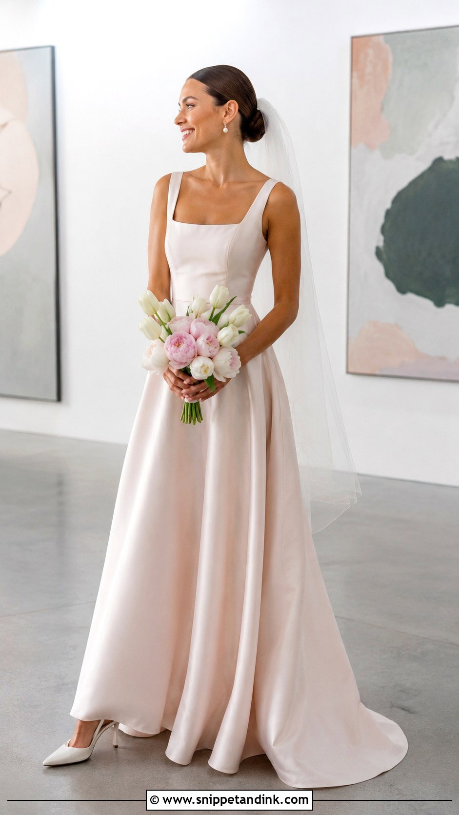 Blush Square Neck Satin Wedding Dress - Snippet and Ink - 20 Blush Wedding Dresses
