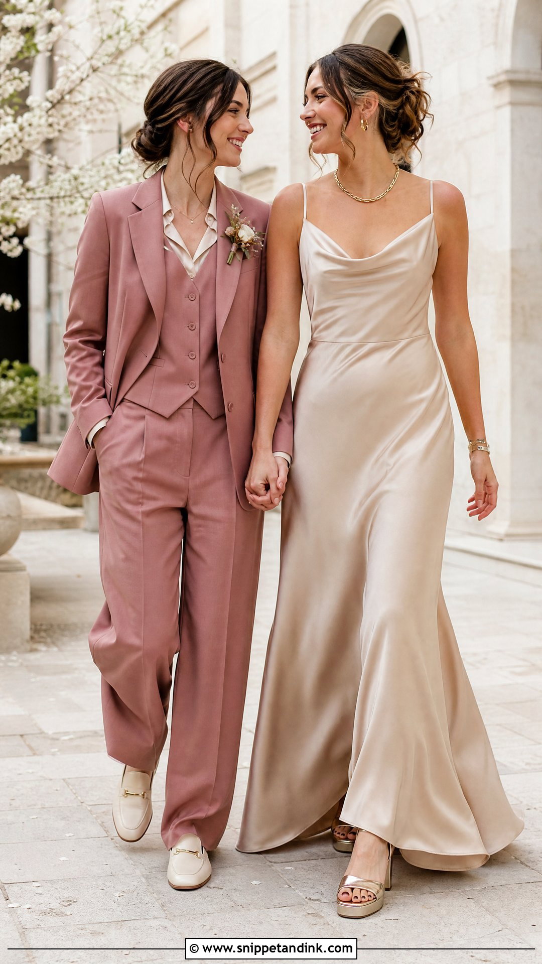 Blush Suit And Champagne Wedding Dress - Snippet and Ink - 20 WLW Wedding Suit and Dress Ideas