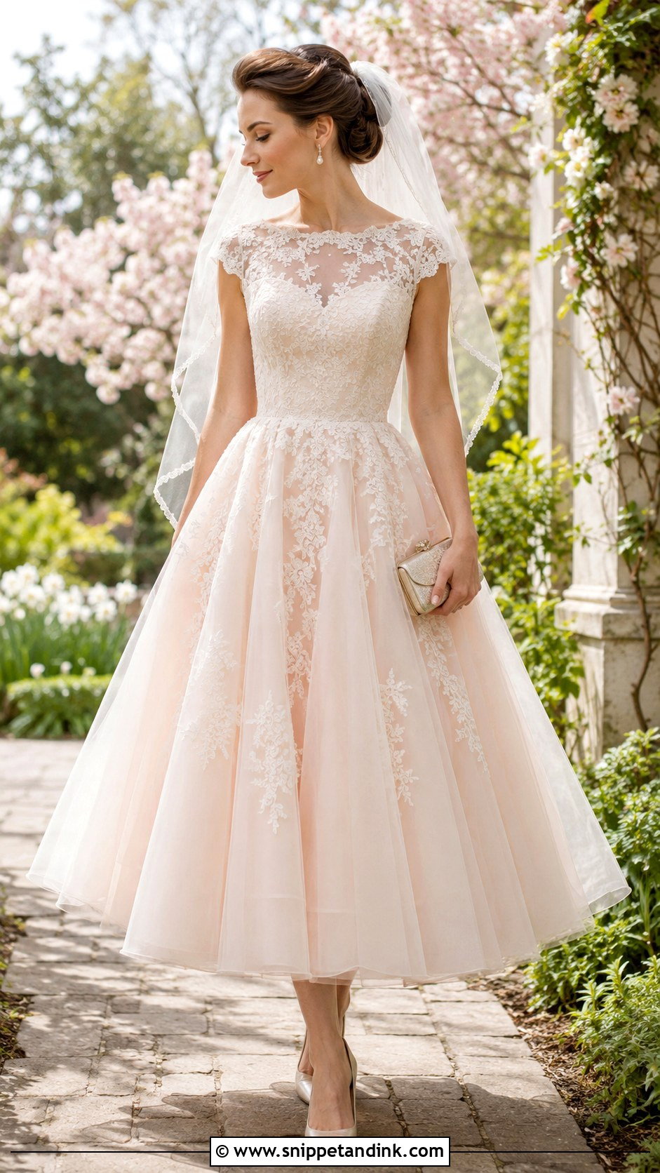 Blush Tea Length 50s Wedding Dress - Snippet and Ink - 20 50s Inspired Wedding Dress Ideas
