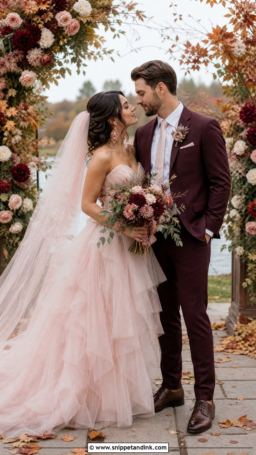 Blush Tulle Dress And Burgundy Suit Wedding Couple - Snippet and Ink - 20 Wedding Dresses for Couple
