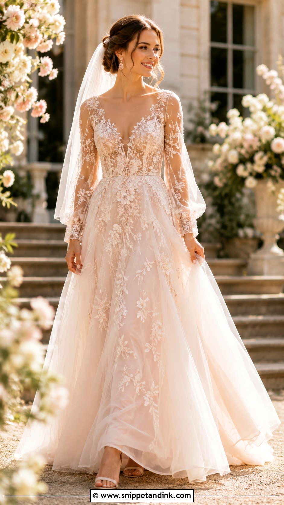Blush Tulle Wedding Dress With Sheer Sleeves - Snippet and Ink - 20 Ethereal Wedding Dress with Sleeves