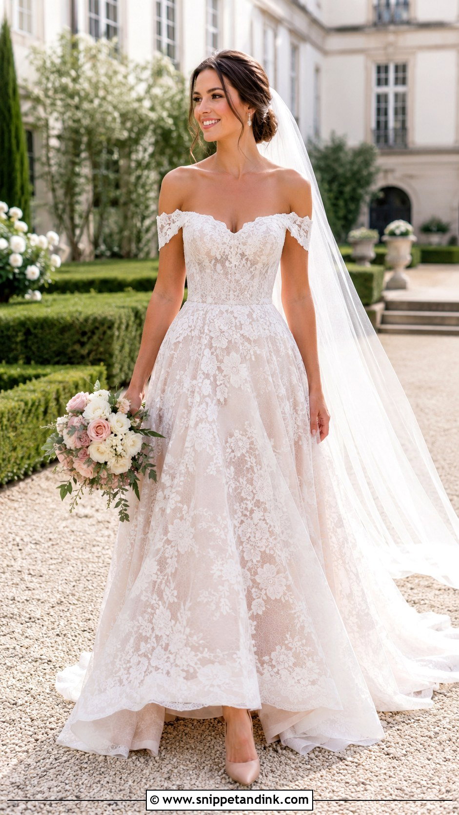 Blush Underlay Lace Wedding Dress - Snippet and Ink - 20 Wedding Dress with Color Accents Ideas