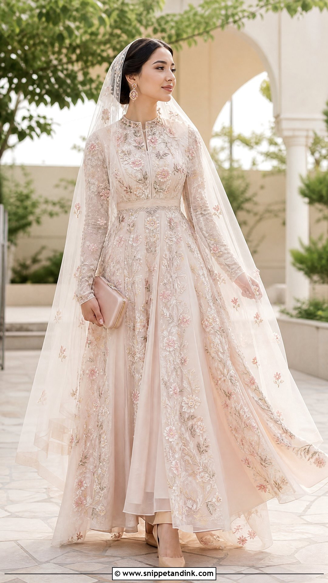 Blush Uzbek Wedding Dress With Floral Embroidery - Snippet and Ink - 20 Uzbek Wedding Dress Ideas
